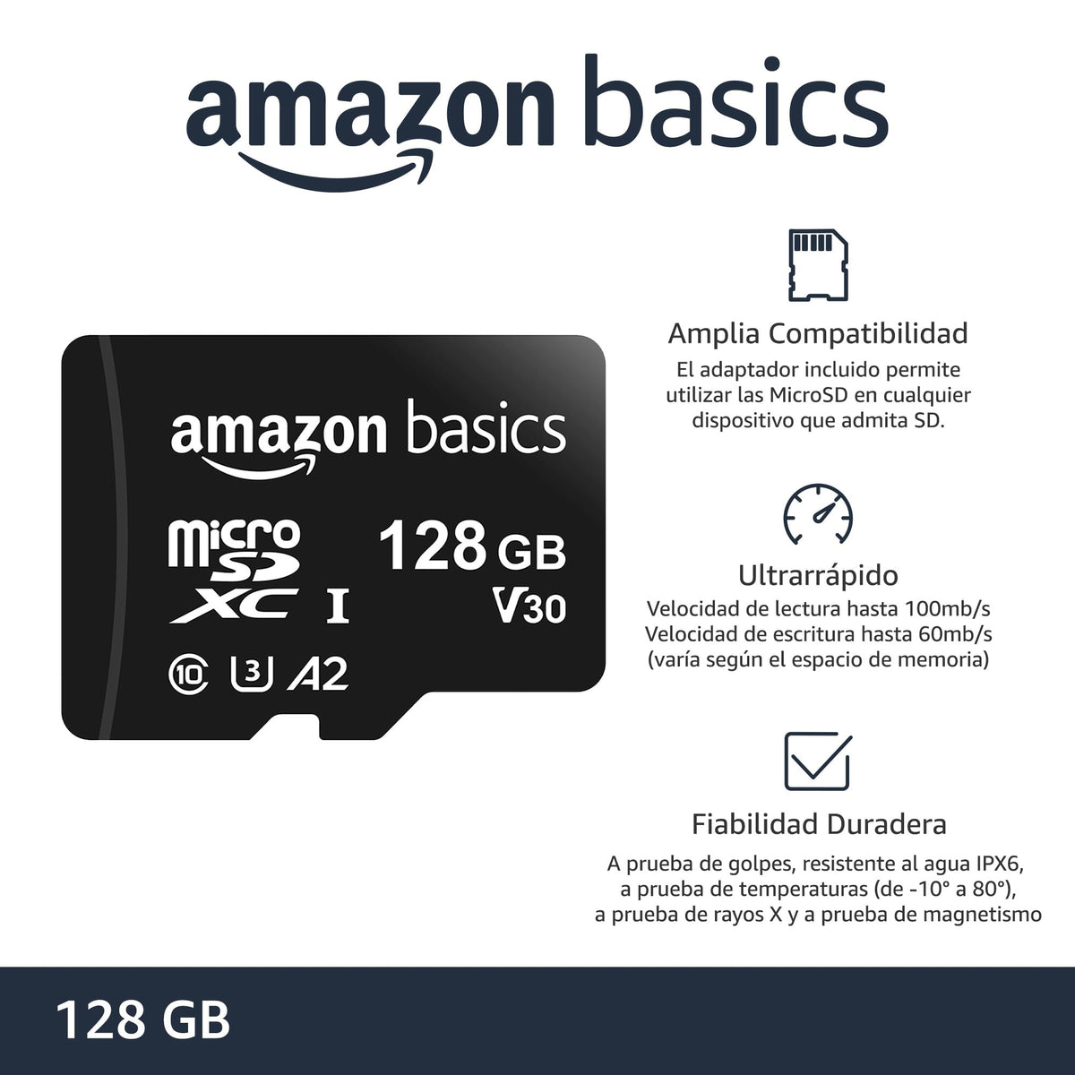 Amazon Basics Tarjeta de Memoria microSDXC con Adaptador de tamaño Completo, A2, U3, Velocidad de Lectura de hasta 100 MB/s, 128 GB, Negra