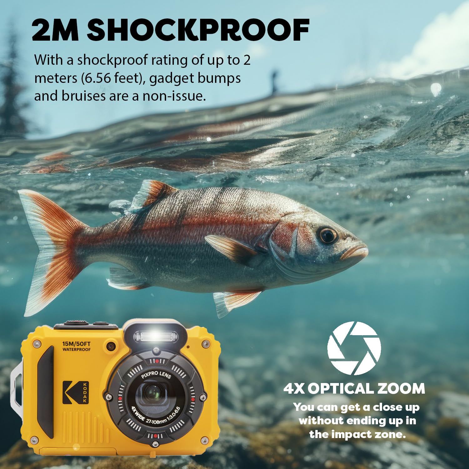 Kodak PIXPRO WPZ2 - Cámara digital resistente al agua, a prueba de golpes, 16 MP, zoom óptico 4X 1080P, vídeo Full HD, 2.7 LCD (amarillo), tarjeta SD de 32 GB, estuche negro para cámara compacta