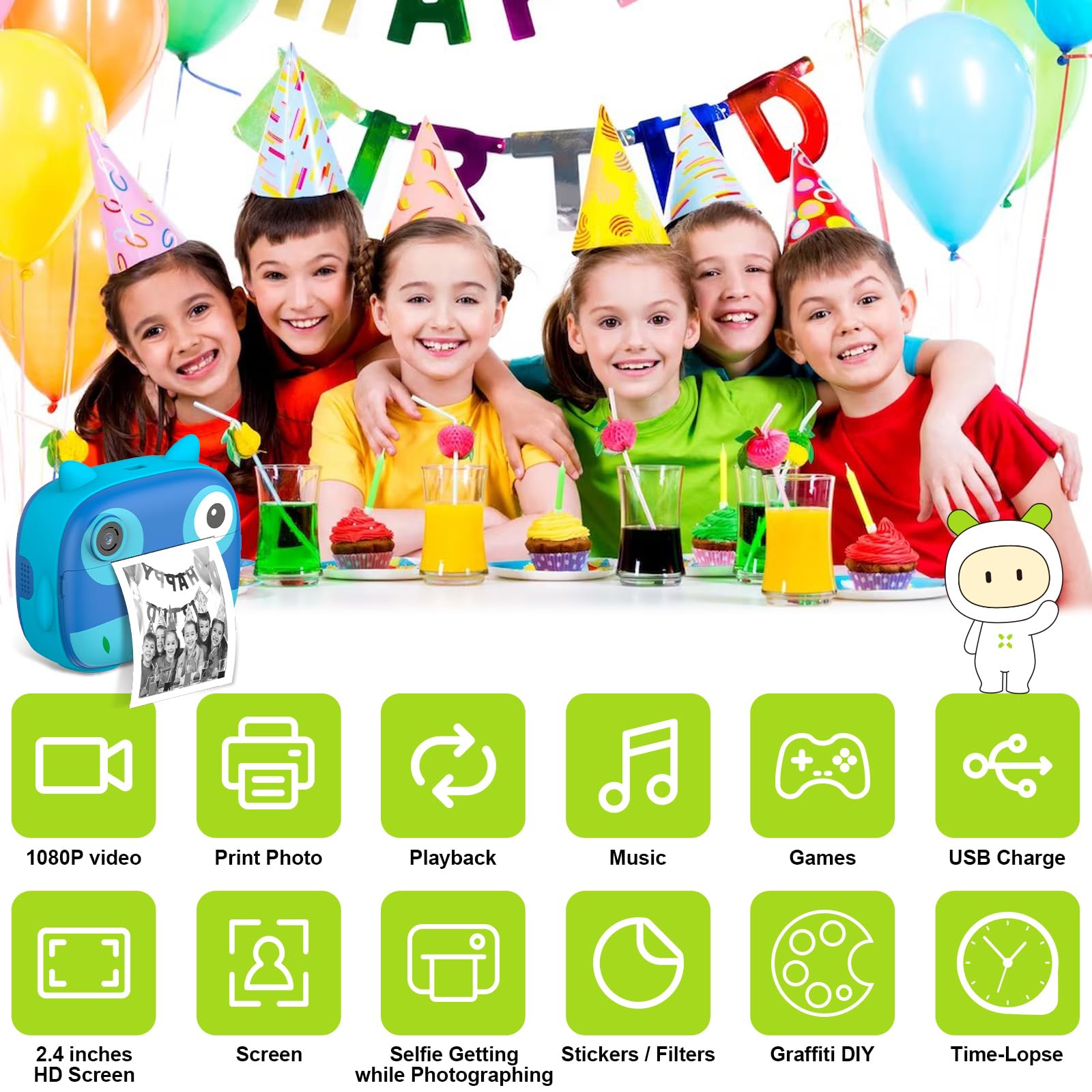 Daconovo Linda cámara instantánea para niños de 2.5K Cámara digital para niños de 12MP Cámara de impresión instantánea para niños con pantalla IPS de 2.4 pulgadas Zoom digital de 10X filtros Grabadora