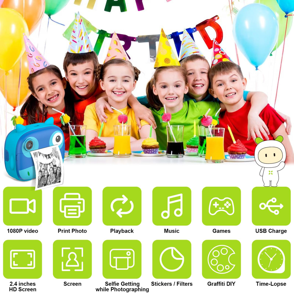 Daconovo Linda cámara instantánea para niños de 2.5K Cámara digital para niños de 12MP Cámara de impresión instantánea para niños con pantalla IPS de 2.4 pulgadas Zoom digital de 10X filtros Grabadora