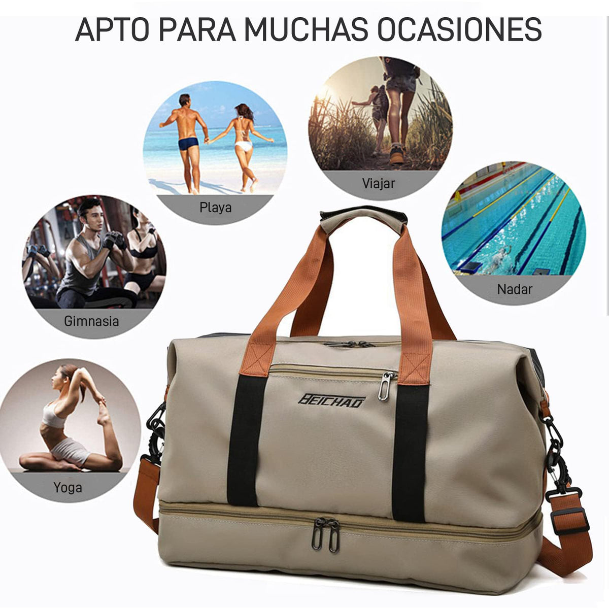 JeeLeeko Maleta Deportiva Bolsa para gym Diseño de Separación Húmedo y Seco Bolsa de viaje con ompartimento para Zapatos, para Hombres y Mujeres moda impermeable(Caqui)