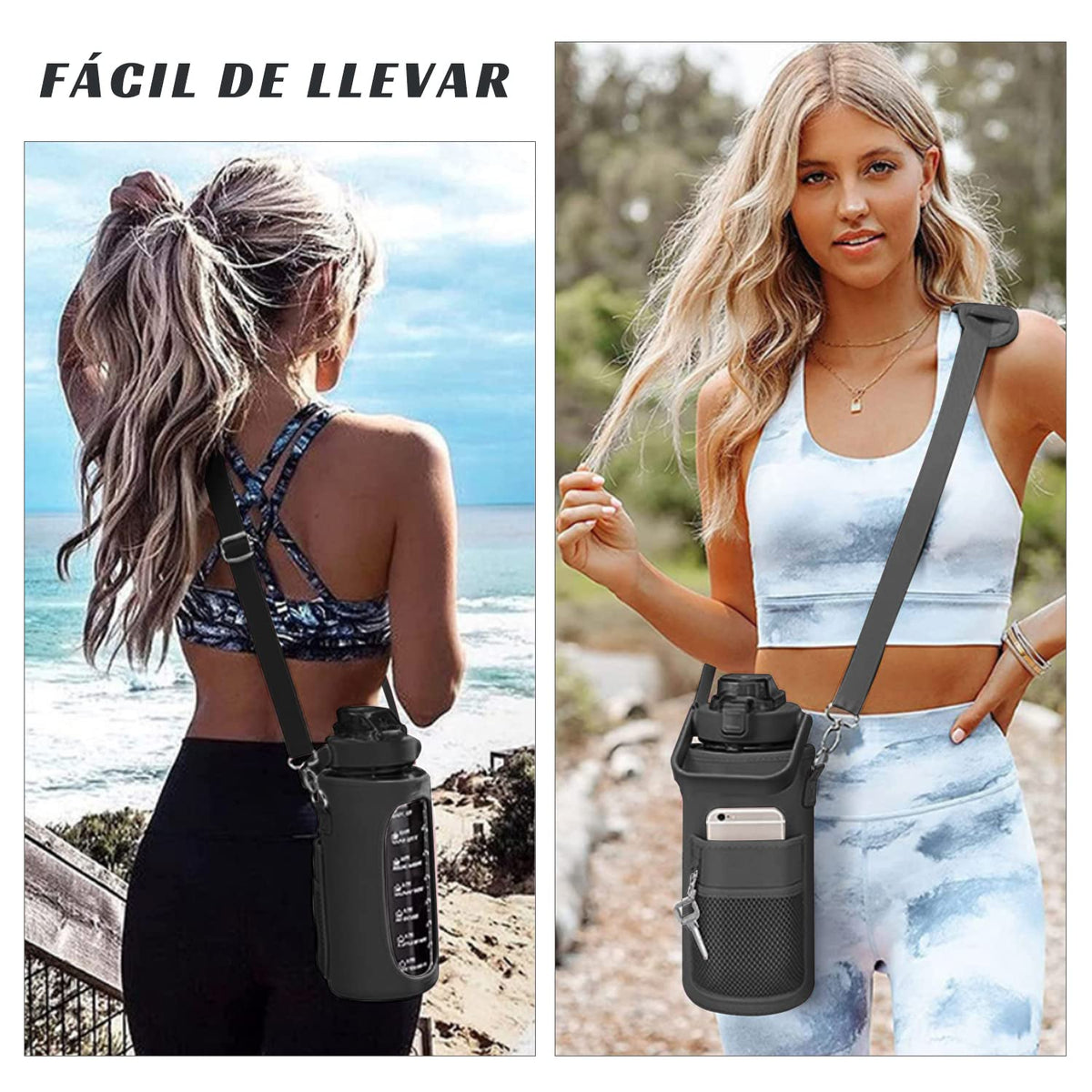 MOYAC Botella Agua con Funda Protectora, Botella de Agua 2 Litros con Pajita, Asa, Correa para el Hombro, Función de Apertura con un Botón, para Fitness, Viajes, Escuela, Oficina (Negro)
