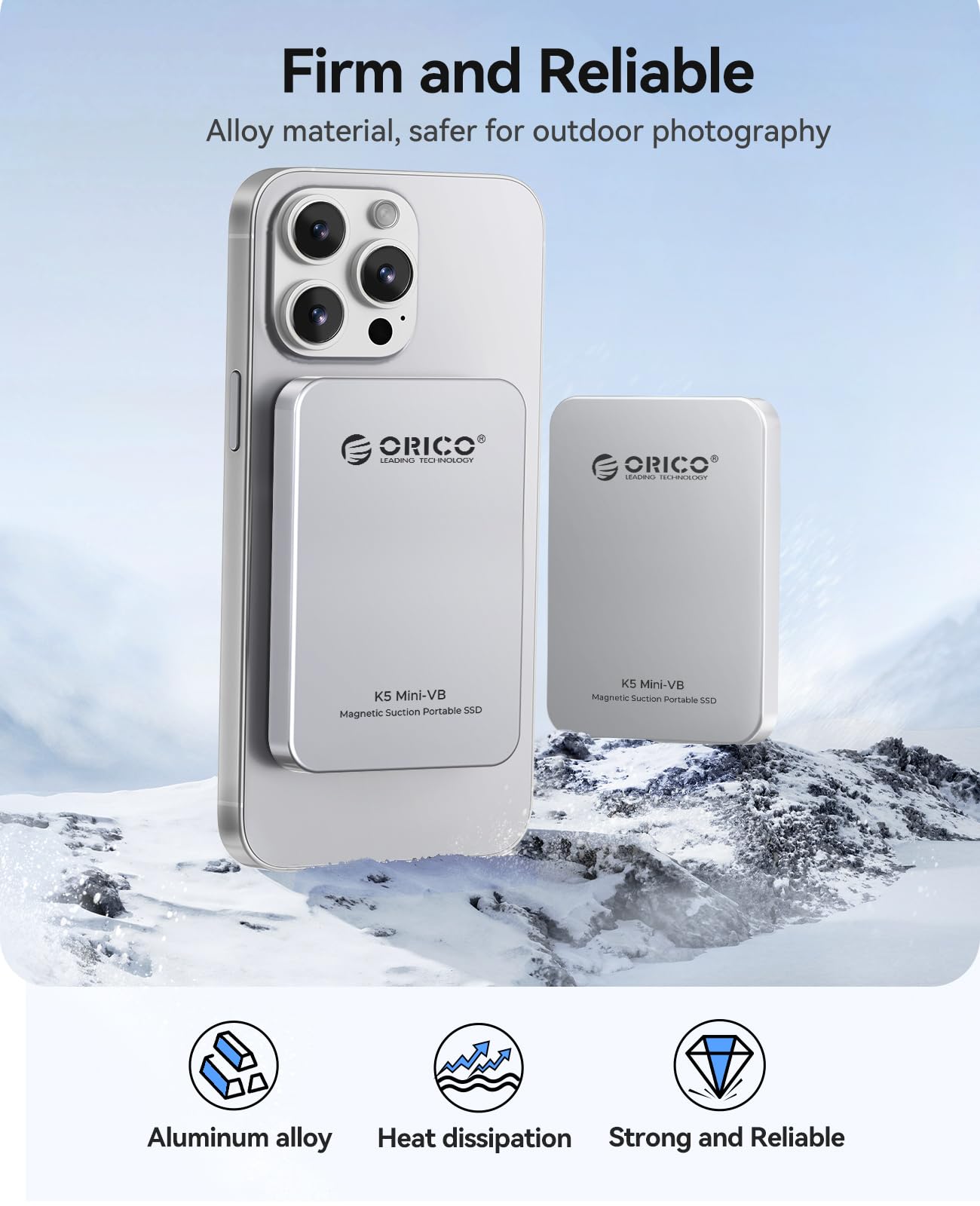 ORICO SSD Externo Magnético de 480GB, Aleación de Aluminio, hasta 460MB/s, Amplía el Almacenamiento para iPhone 17 Pro MAX, Compatible con MagSafe, Smartphones USB-C - K5MINI Plata
