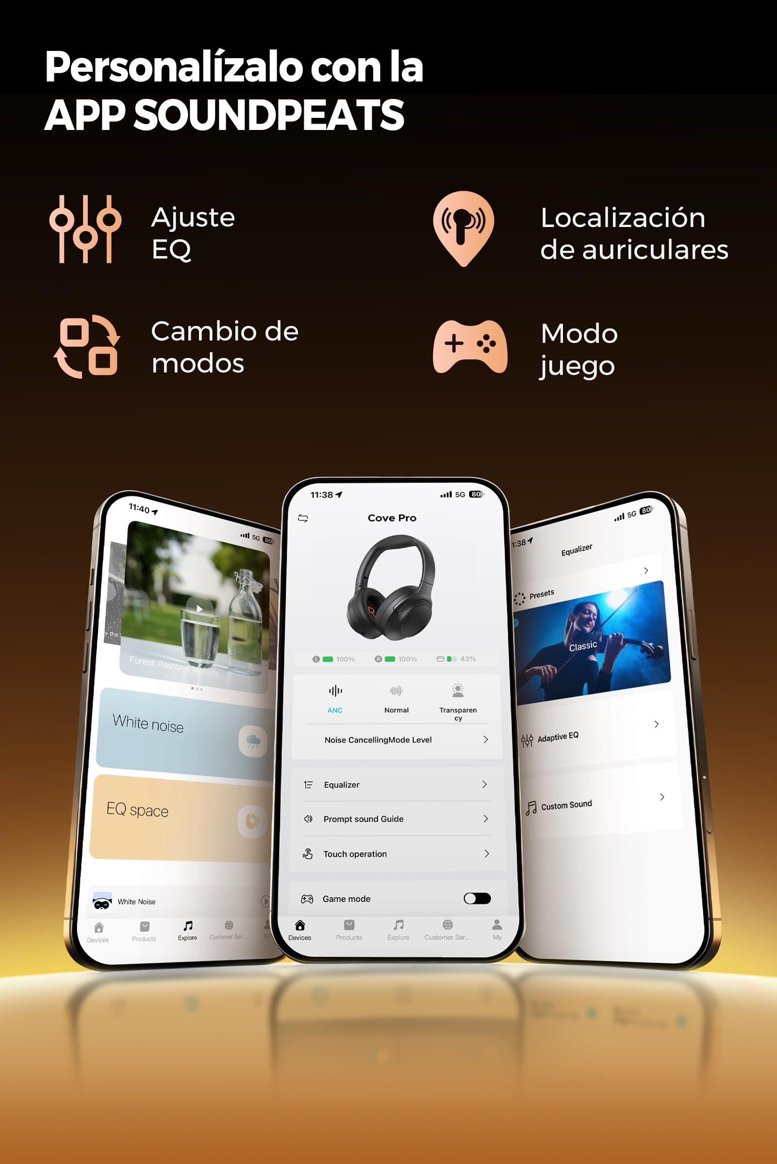 SoundPEATS Cove Pro Audífonos de Diadema ANC Adaptativo -56dB Hi-Res LDAC
