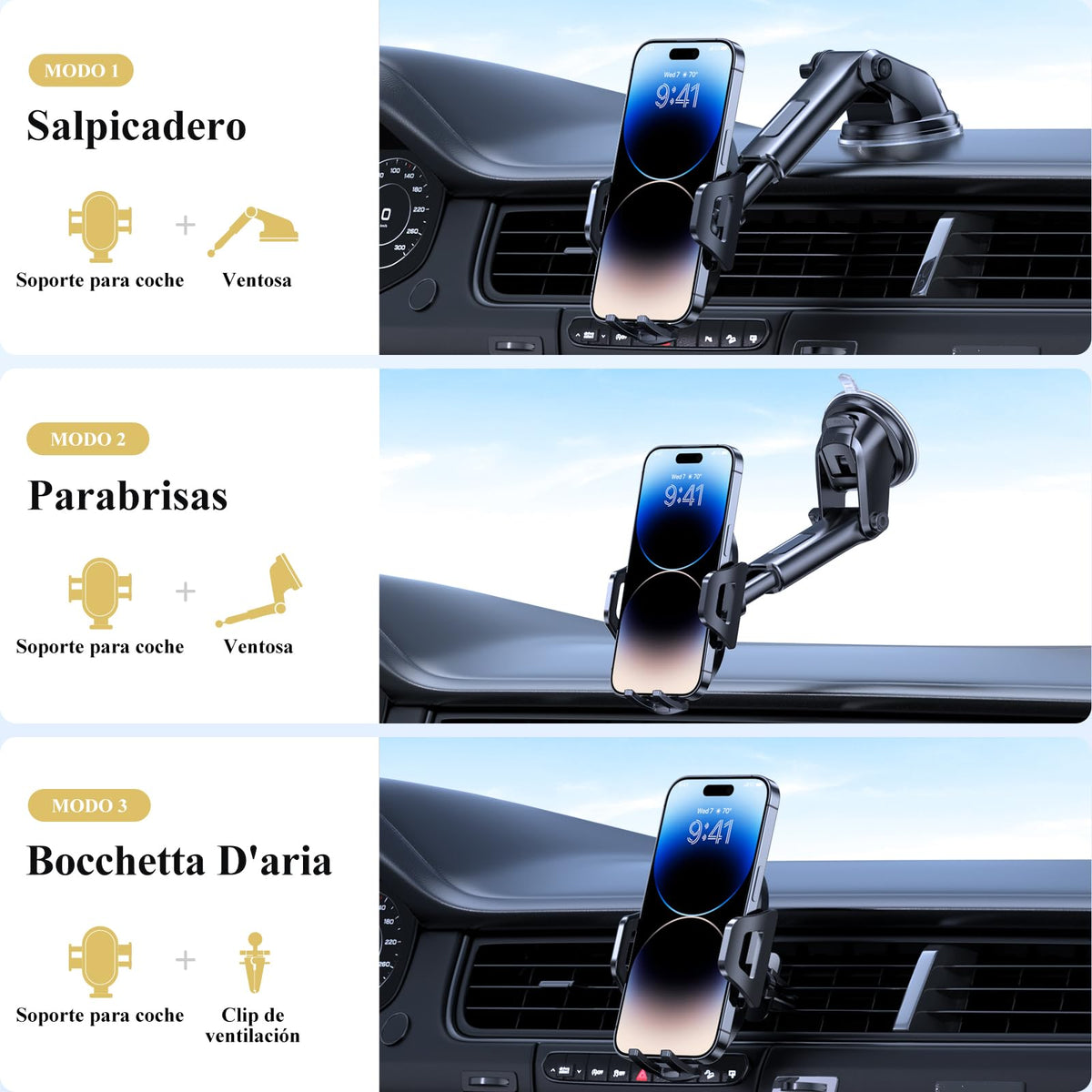 Miracase Soporte Celular Automóvil 【3 en 1】 Porta Celular para Auto Salpicadero Parabrisas Rejilla,Base Teléfono Automóvil para iPhone 15/14/13 Pro MAX,Huawei, Motorola, Xiaomi 14 Ultra