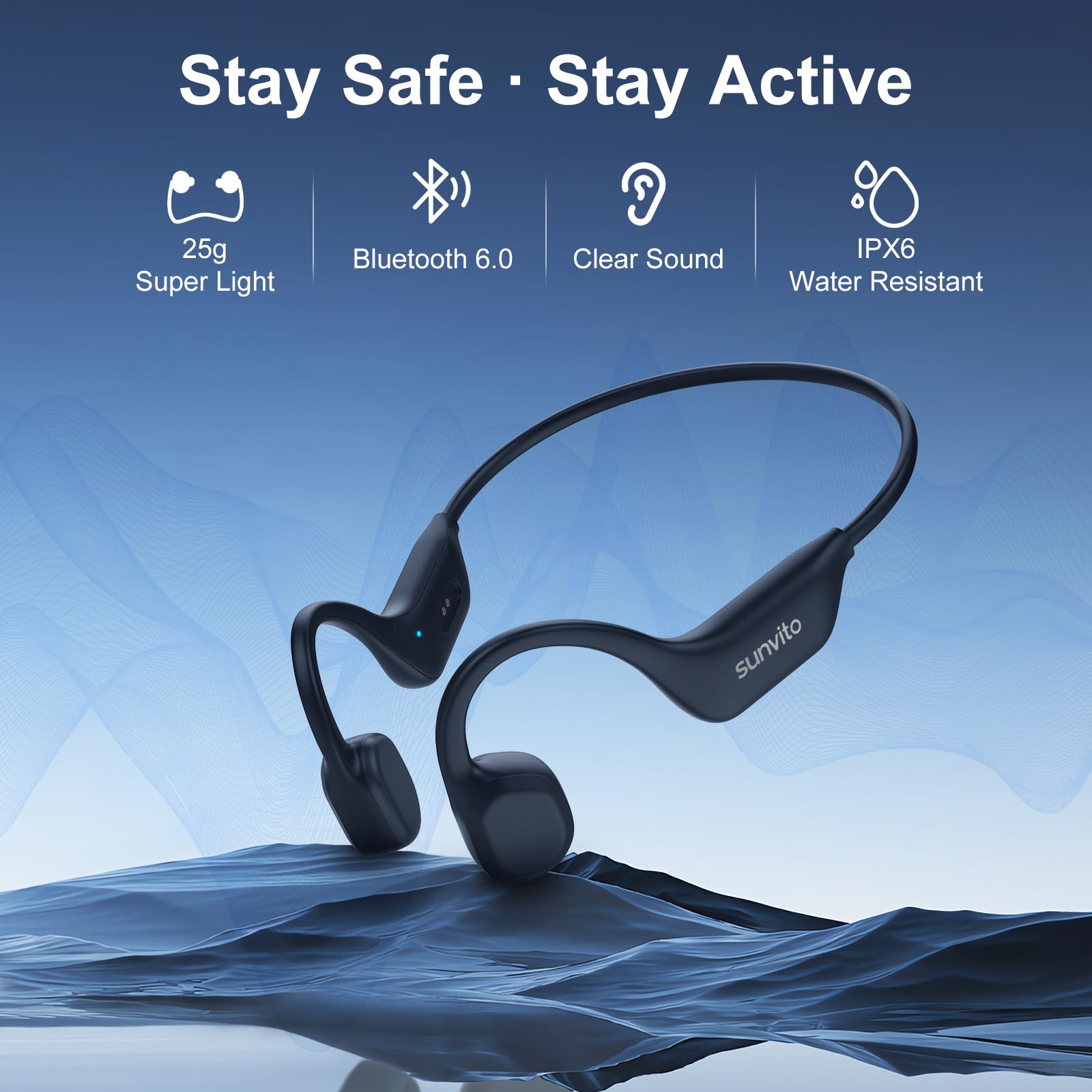 sunvito Audífonos de Conducción Ósea, Auriculares Inalámbricos Open-Ear Bluetooth 6.0 Deportivos con Micrófono, IPX6 Impermeable, 10H de Batería, para Correr y Ciclismo