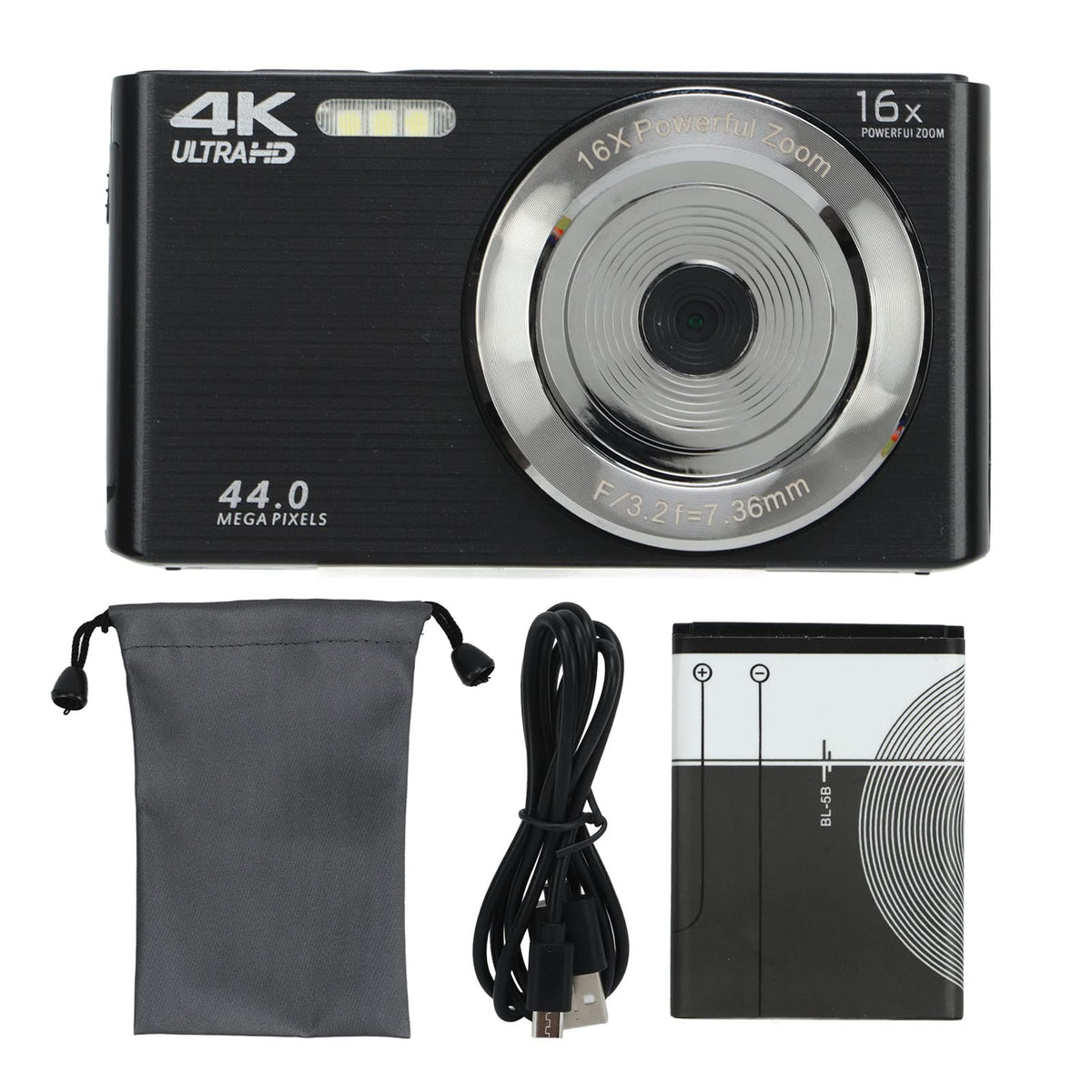 Cámara Digital, Cámara de Vídeo FHD 4K con Zoom Digital de 16X, Cámara de Vídeo de Pantalla de 2,8 Pulgadas de 44MP, Cámara para Niños Principiantes y Adolescentes (Negro)