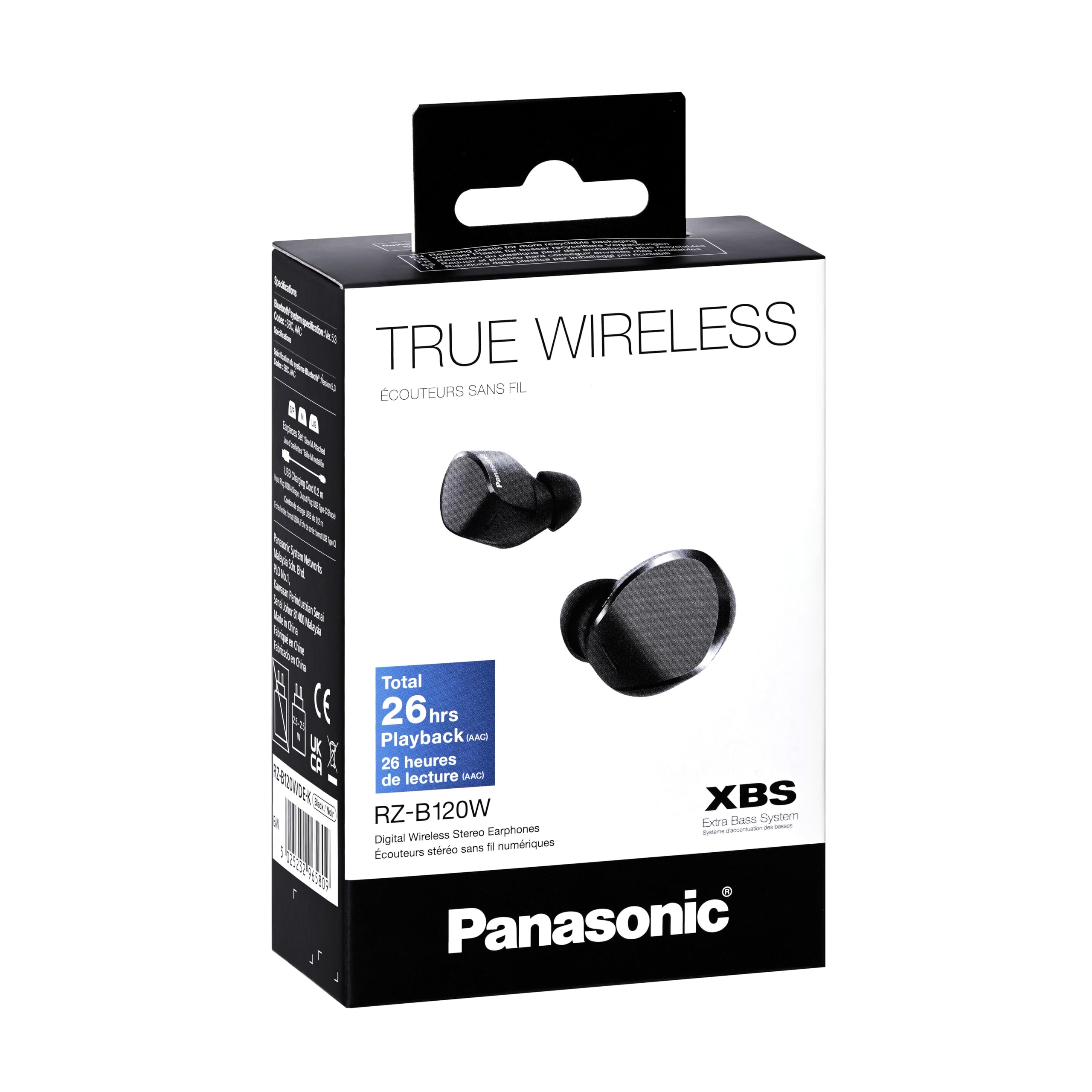 Panasonic Audífonos In-Ear Estéreo Inalámbricos Digitales RZ-B120WDE-K, 21 Horas de Reproducción, Bluetooth 5.3, Sistema de Graves Extra Bass (XBS), Negro