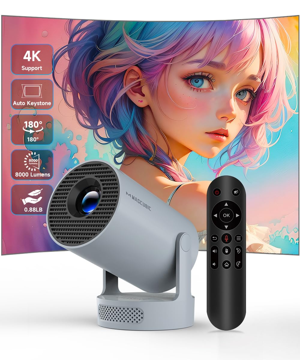 Magcubic 【Actualización 2025】 HY300PRO+, miniproyector portátil 4K con WiFi 6 y Bluetooth 5.4, Altavoz Soundbass de 5 W, Control Remoto por Voz, rotación de 180°, aplicación integrada (Gris)