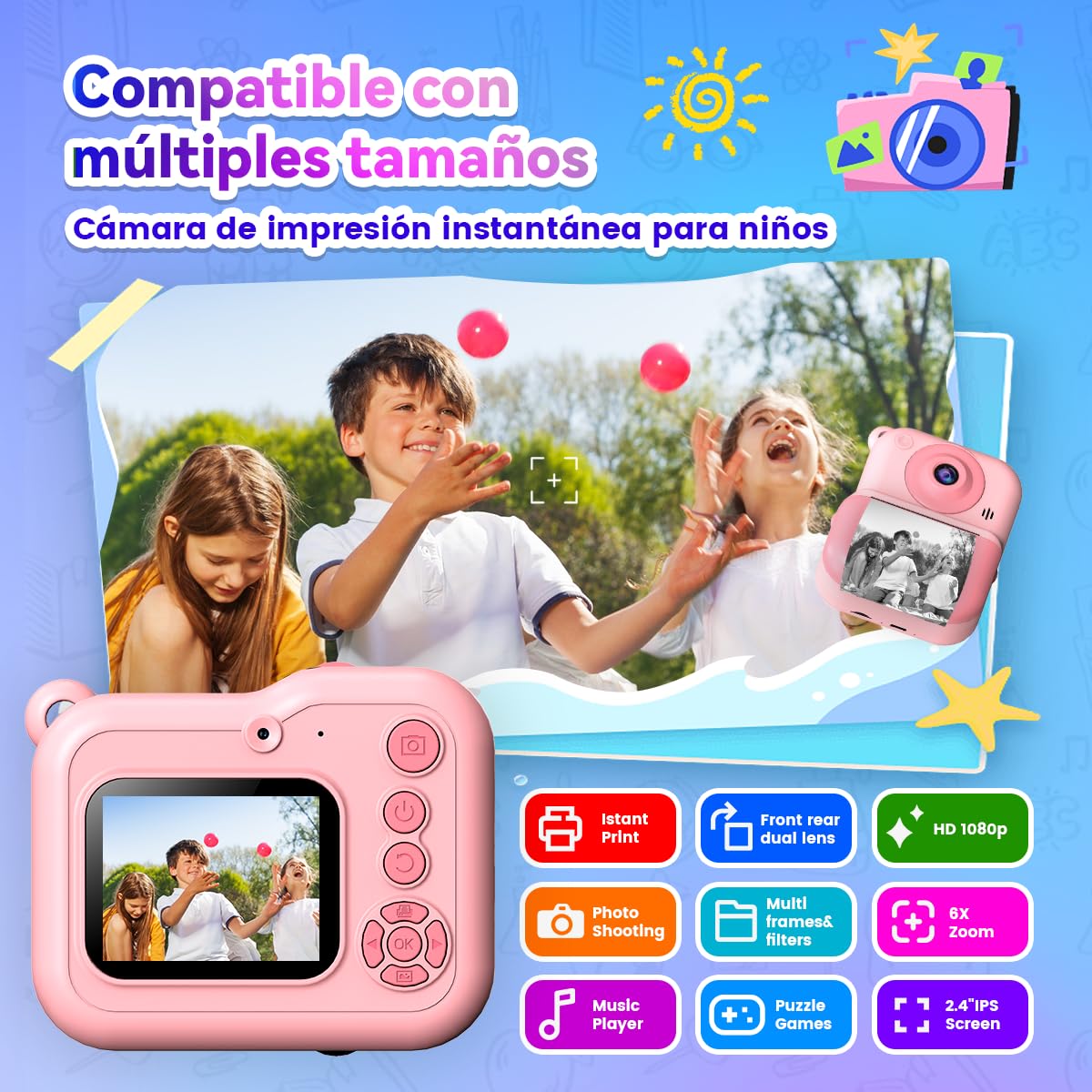 ETprin Cámara Instantánea Infantil – Cámara Digital HD 1080P con Modo Selfie, Fotos Divertidas y Creativas,Recargable,Perfecta para Niños de 3 a 12 Años