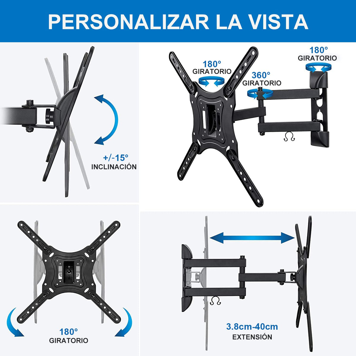 KAMYSEN 14" a 47" Soporte de TV ,Soporte de TV con Movilidad,3 Brazos Soporte de Pared para TV de Colgador,(VESA Máximo 400x400),Acero súper Reforzado para Pantallas de Cargas de 25kg, Pantallas LED, LCD, PDP y Smart TV