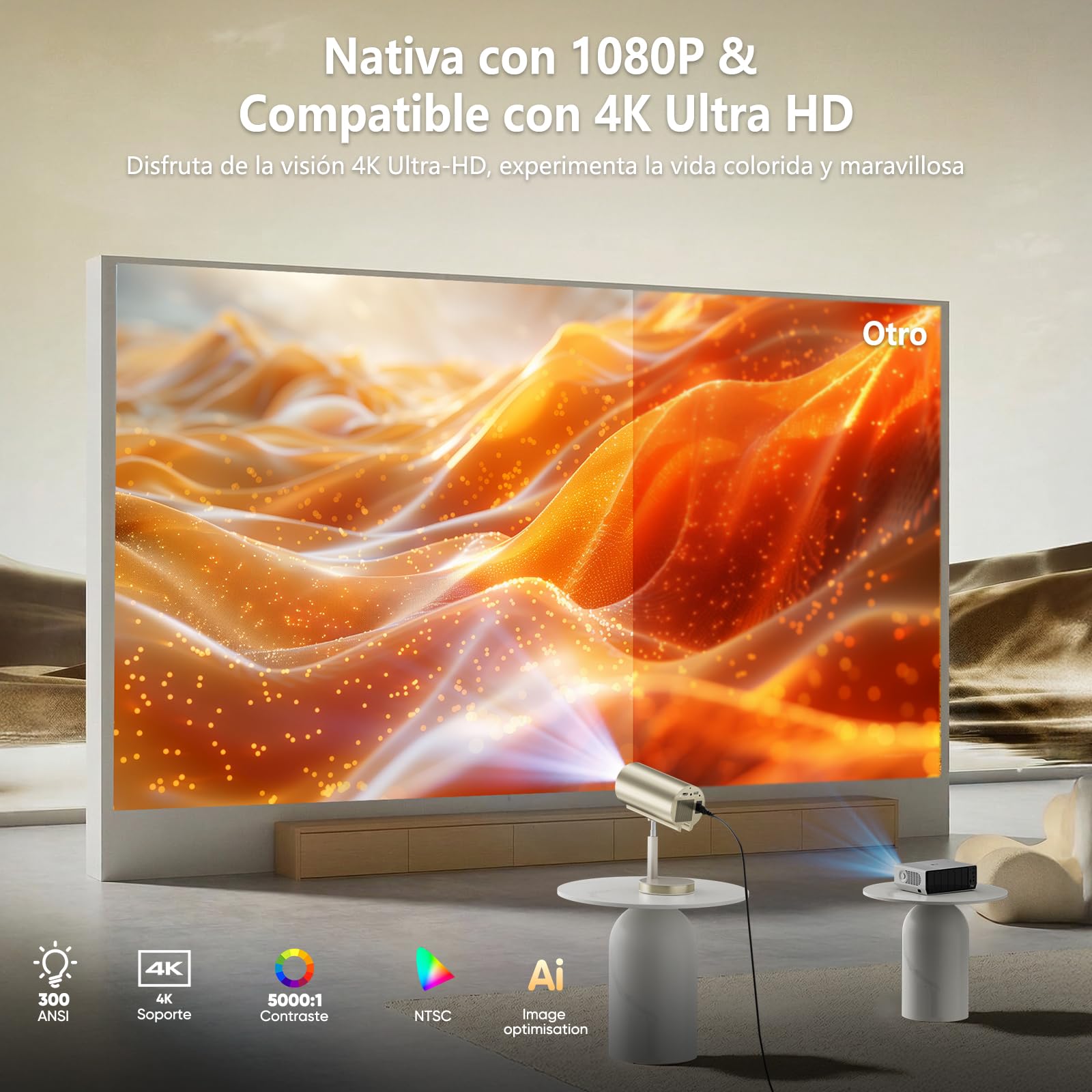 Proyector Portátil 4K 300ANSI Apps Retráctil Enfoque Eléctrico Ajuste 90°