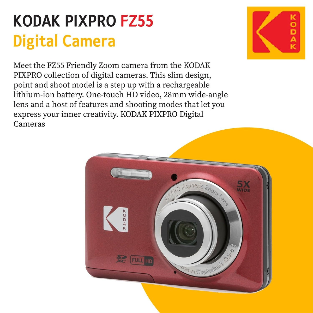 KODAK PIXPRO FZ55 Cámara digital compacta de 16 MP, zoom óptico 5x, gran angular de 28 mm, video Full HD 1080P, paquete con tarjeta SD de 32 GB, funda protectora y lector de tarjetas de alta velocidad