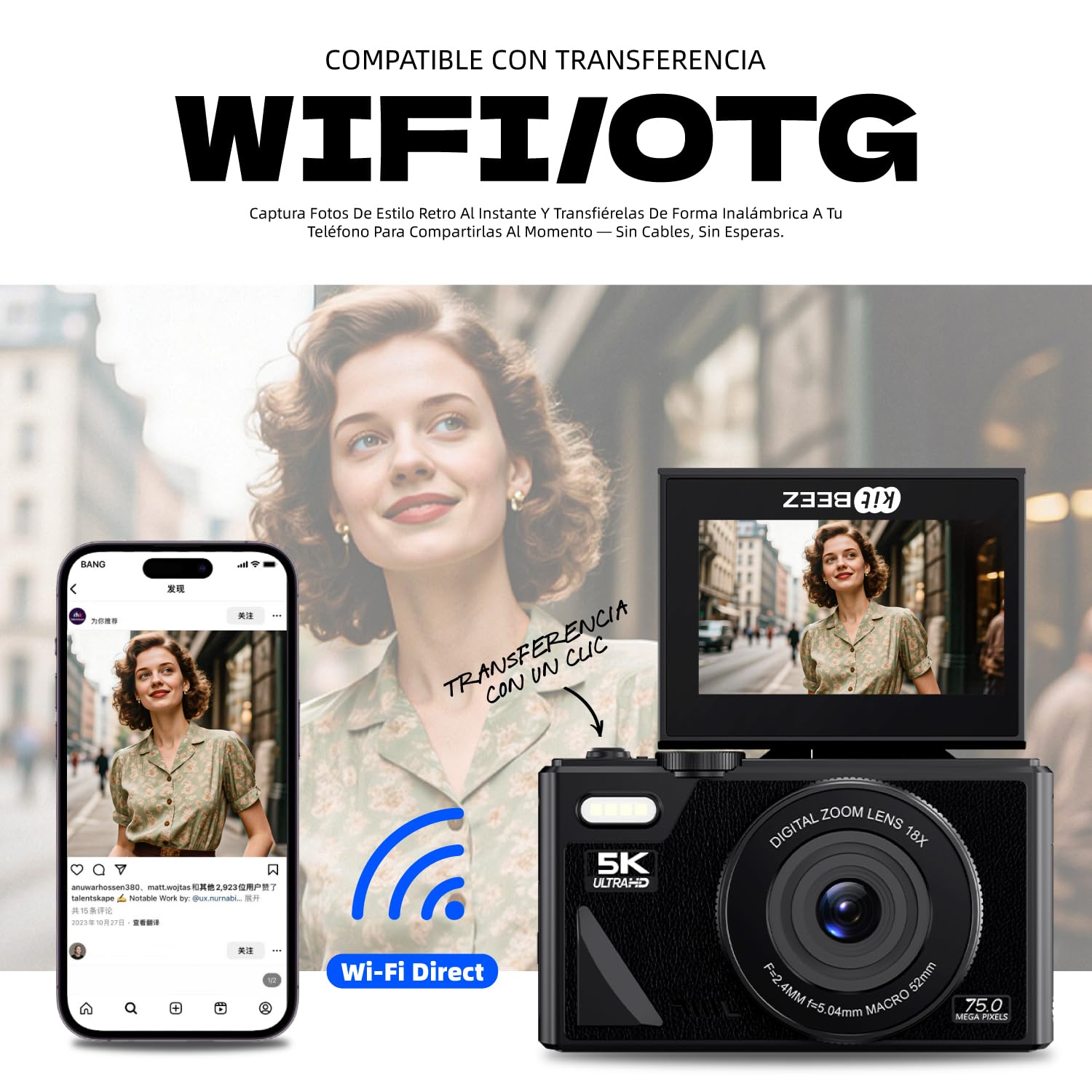 kitBEEZ Cámara Digital 5K Retro WiFi de 75 MP, Zoom de 18X, Pantalla Abatible de 3 Pulgadas, Admite Cámaras Web, Cámara Portátil de Viajes con Tarjeta 32GB SD, Negro