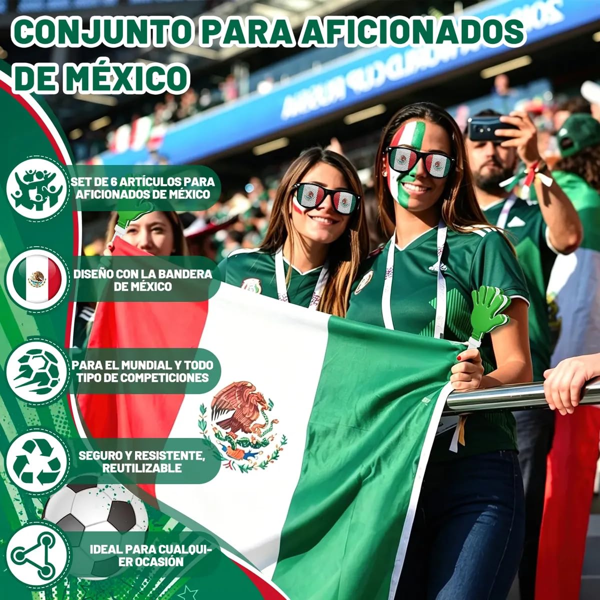 Cyxenova Kit de Animador México 6 en 1 - Incluye Bandera (95 * 64 cm), Bufanda, Matraca Ruidosa, Pintura Facial, Lentes y Pulsera - Accesorios de Fútbol para Celebración 2026 - Orgullo Mexicano