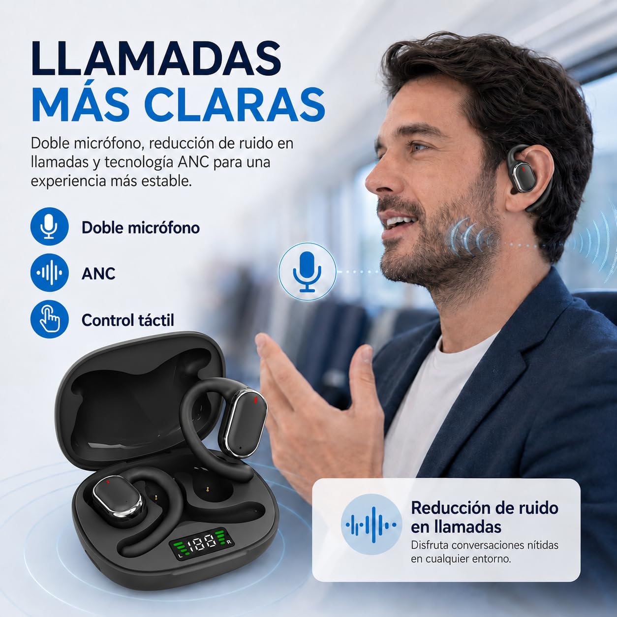 JMHRJKL Oído Abierto Audífonos Bluetooth 5.3, Audífonos Inalámbricos Deportivos, Transmisión de Sonido direccional, Sonido estéreo panorámico, 28 Horas de reproducción, Resistencia al Agua IPX5