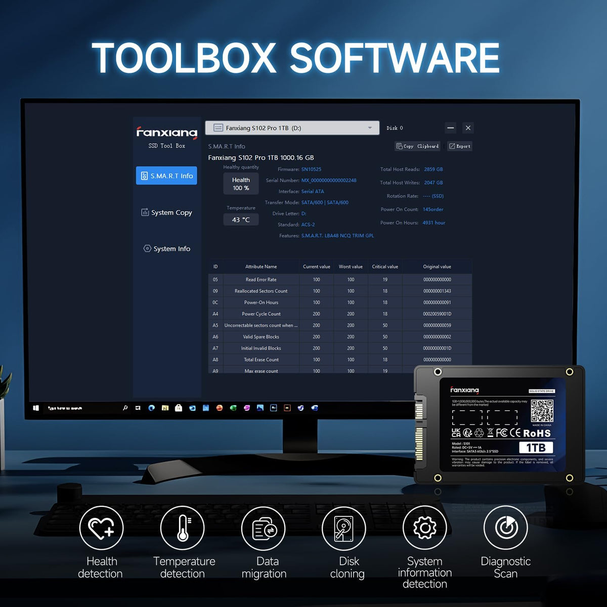 fanxiang SSD SATA 1TB 2.5" SATA III 6 GB/s Unidad de Estado Sólido Interna, hasta 560 MB/s, 3D NAND con caché SLC, para Laptop y PC de Escritorio, Mejora de Rendimiento, 7 mm (0.28"), S101Q