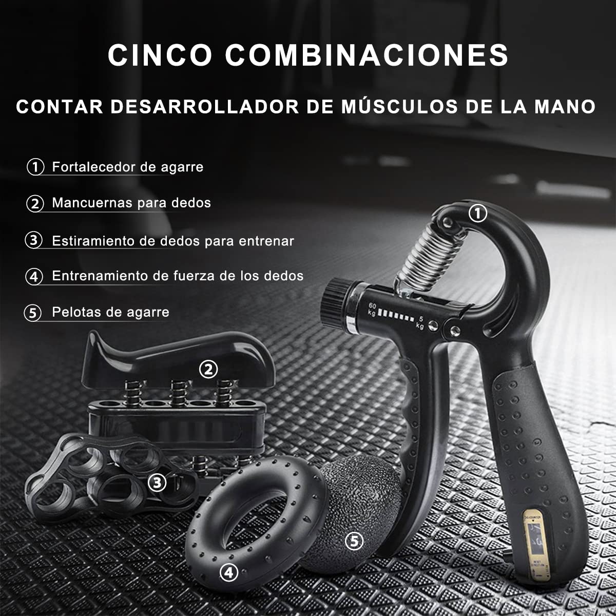 DQST Fortalecedor de Agarre, 5 en 1 Ejercitador de Mano, Ejercitador de Antebrazo, con Contador, para El Tratamiento, Recuperación y Entrenamiento de Fuerza de Las Articulaciones de Los Dedos. (5 Piezas)