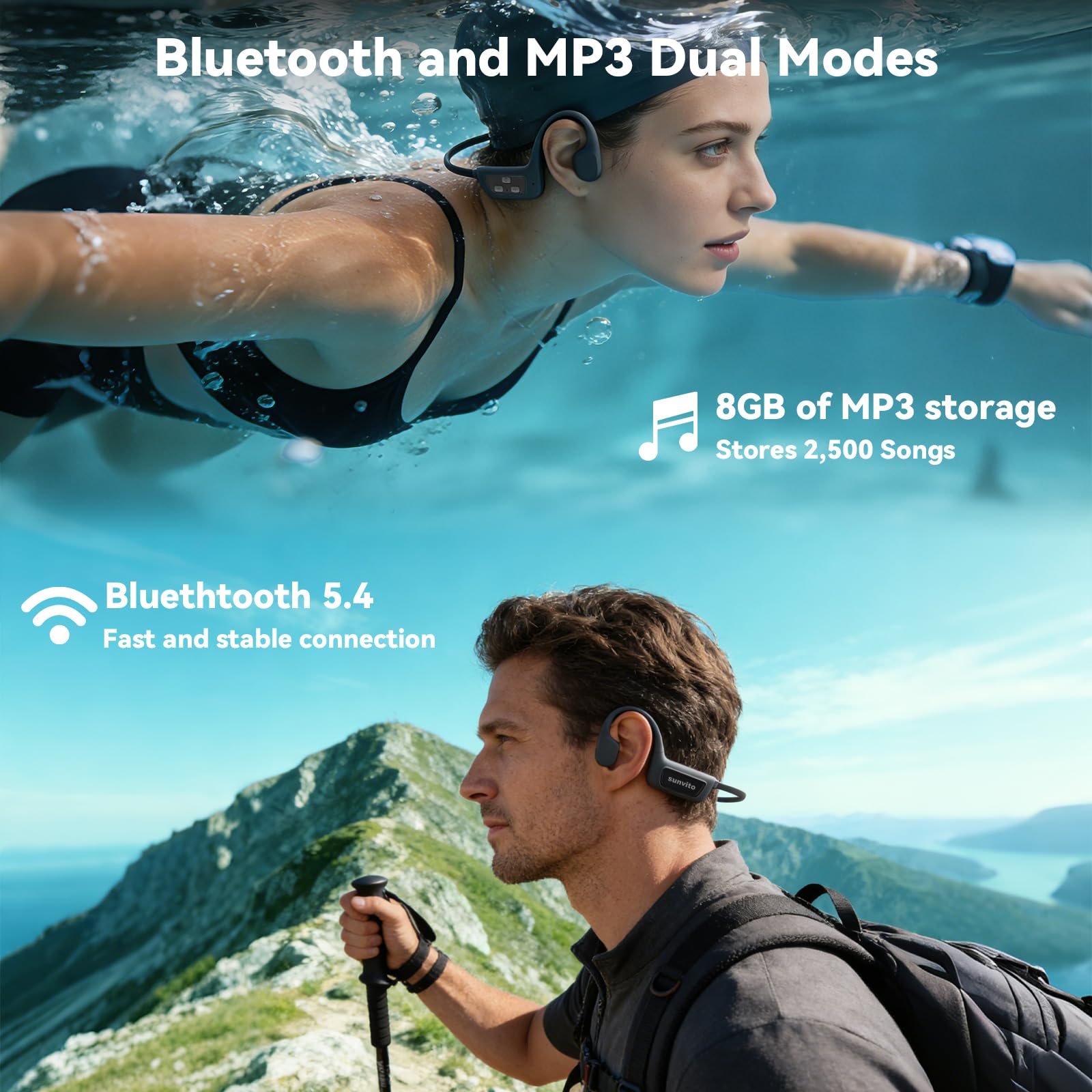 sunvito Audífonos de Conducción Ósea para Natación, Bluetooth 5.4, Oreja Abierta con MP3 de 8GB, IPX8 Impermeables para Piscina y Entrenamiento, Negro