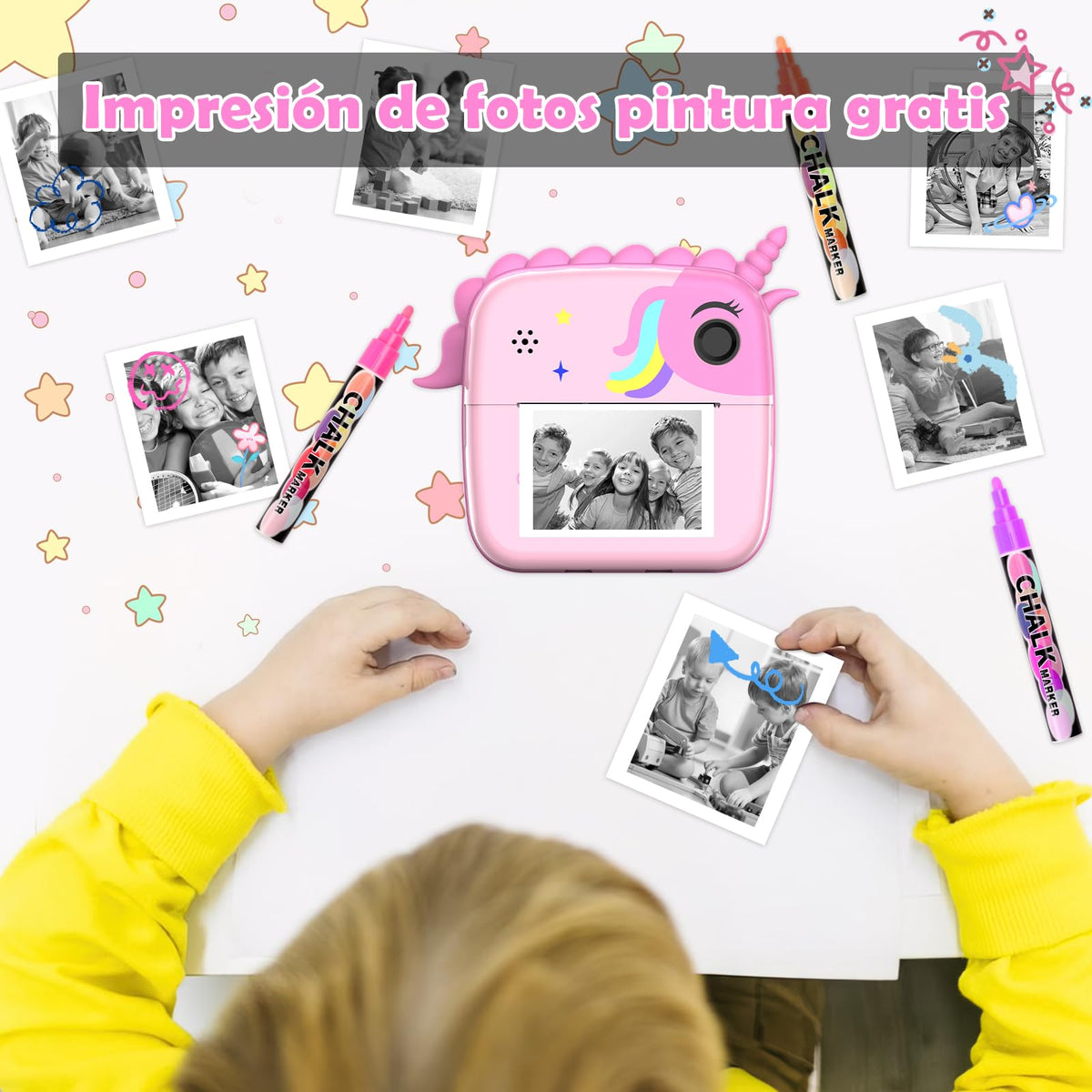 HDMSYD Camara Fotos Infantil Instantanea, Cámara Infantil de impresión instantánea HD 1080P,Pantalla Ocular de 2.4 Pulgadas,con Tarjeta 32G y 2 Rollos de Papel térmico,El Mejor Regalo para niños.