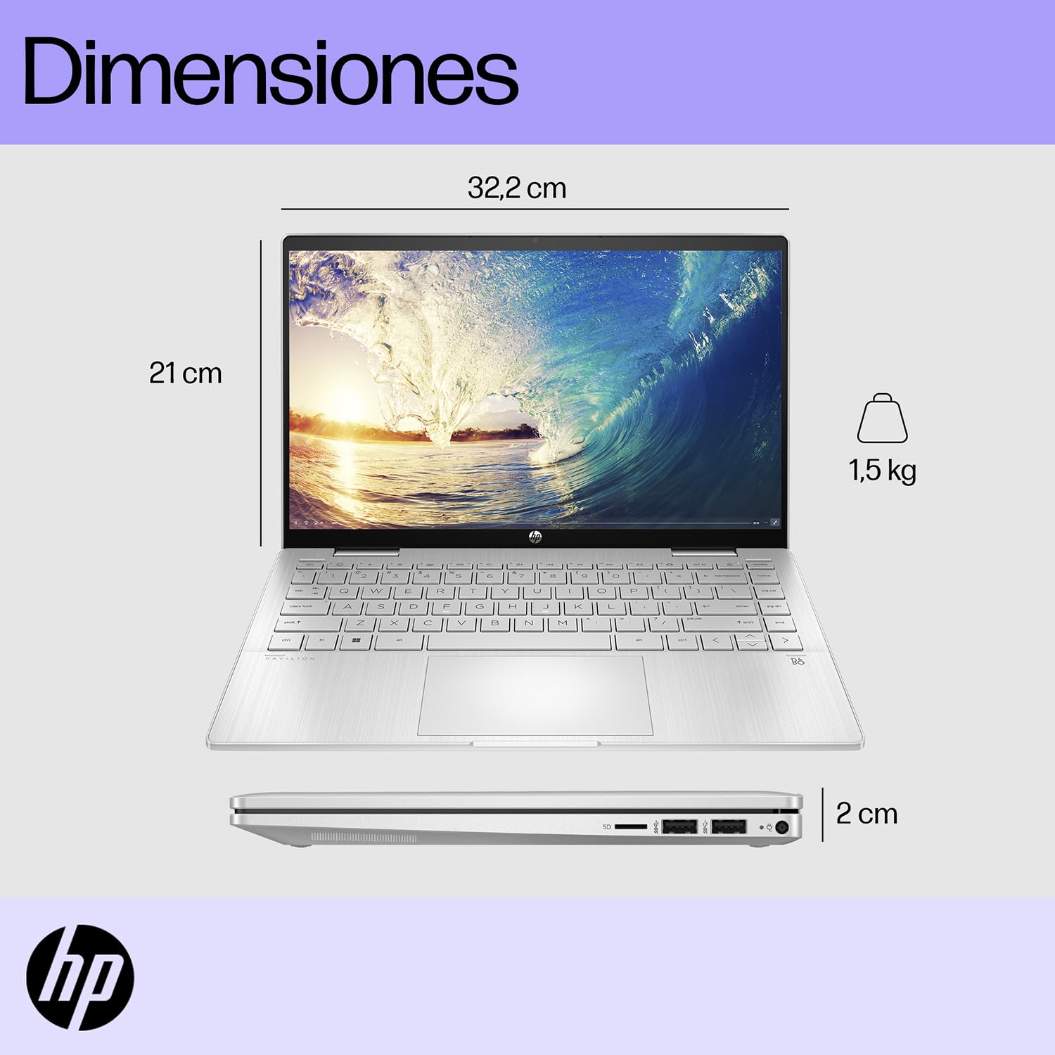 HP Laptop Pavilion x360 14-ek0010la, Intel Core i3, 8 GB RAM, 512 GB SSD, FHD, 14", Táctil, Windows 11 Home, Teclado en Español, Garantía México, Plateado