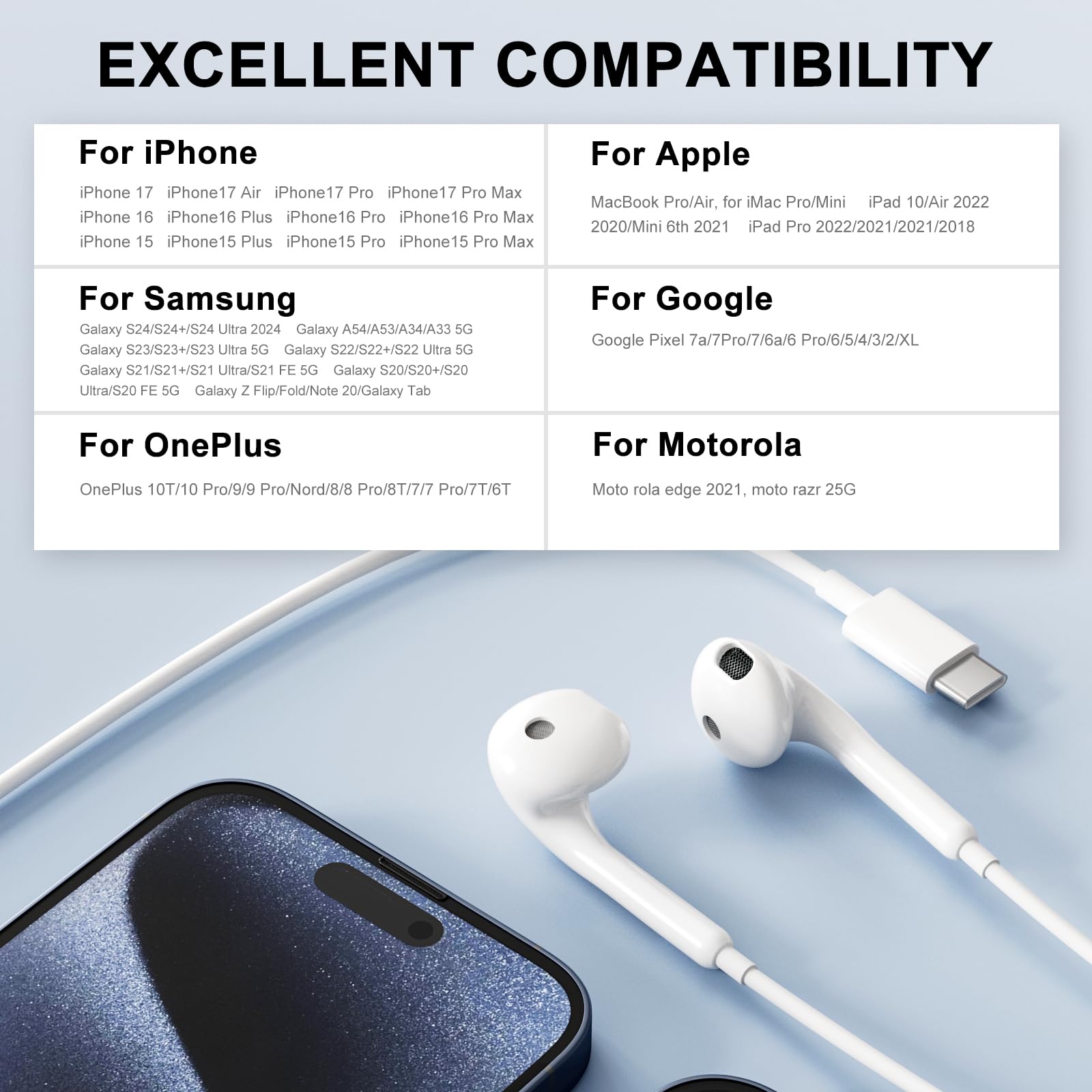 LXJADAP Audífonos Tipo C, Audífonos Alámbricos para iPhone 17/16/15, Blanco