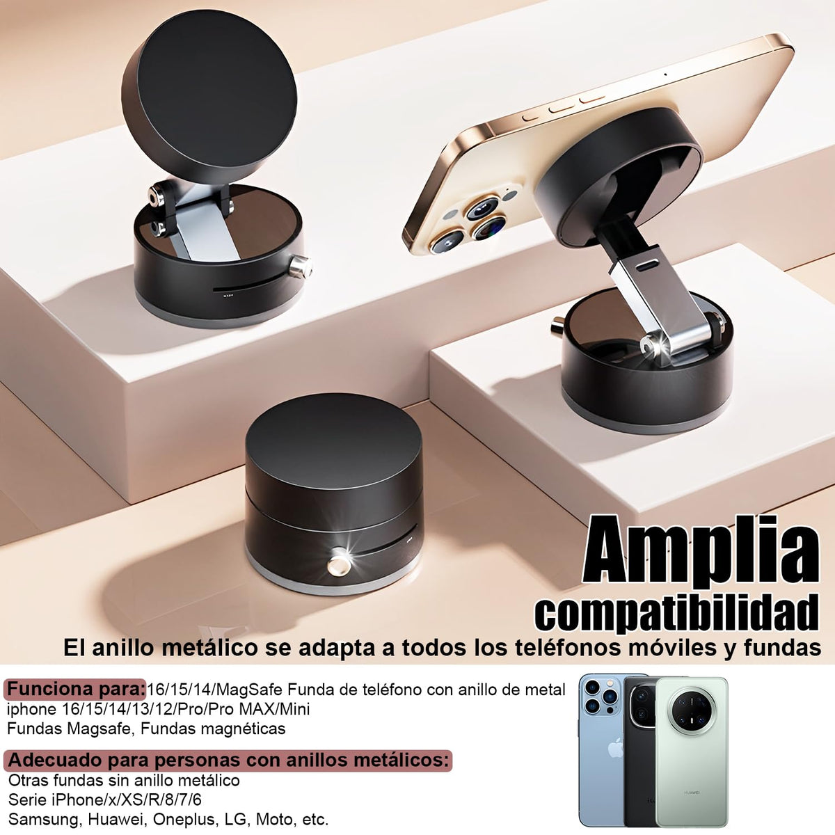 LONGLIV Soporte de Teléfono para Coche,Soporte de Teléfono Magnético al Vacío,Portátil Plegable,Retráctil y con Rotación de 360 Grados,Compatible con Todos los Teléfonos Móviles