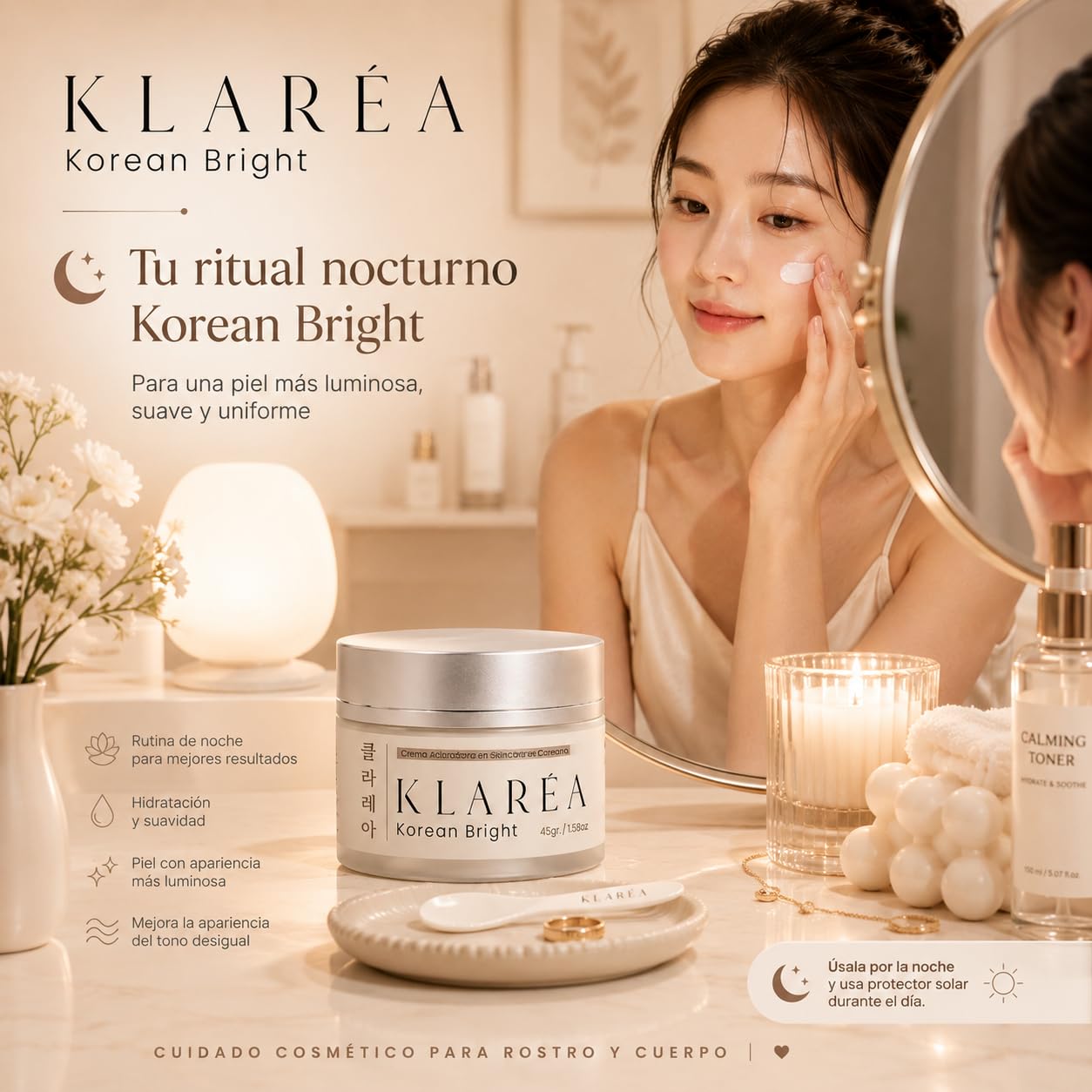 KLARÉA Korean Bright 45g - Crema Aclaradora Cosmética K-Beauty Corea para Manchas, Zonas Oscuras y Tono Desigual - Uso Facial y Corporal para Axilas, Codos, Rodillas, Cuello y Manos