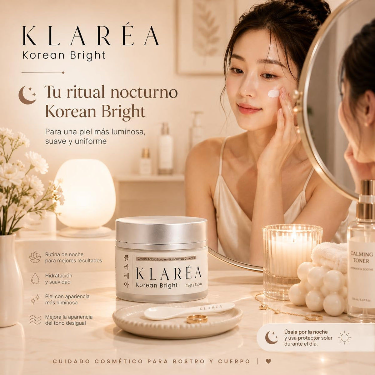 KLARÉA Korean Bright 45g - Crema Aclaradora Cosmética K-Beauty Corea para Manchas, Zonas Oscuras y Tono Desigual - Uso Facial y Corporal para Axilas, Codos, Rodillas, Cuello y Manos