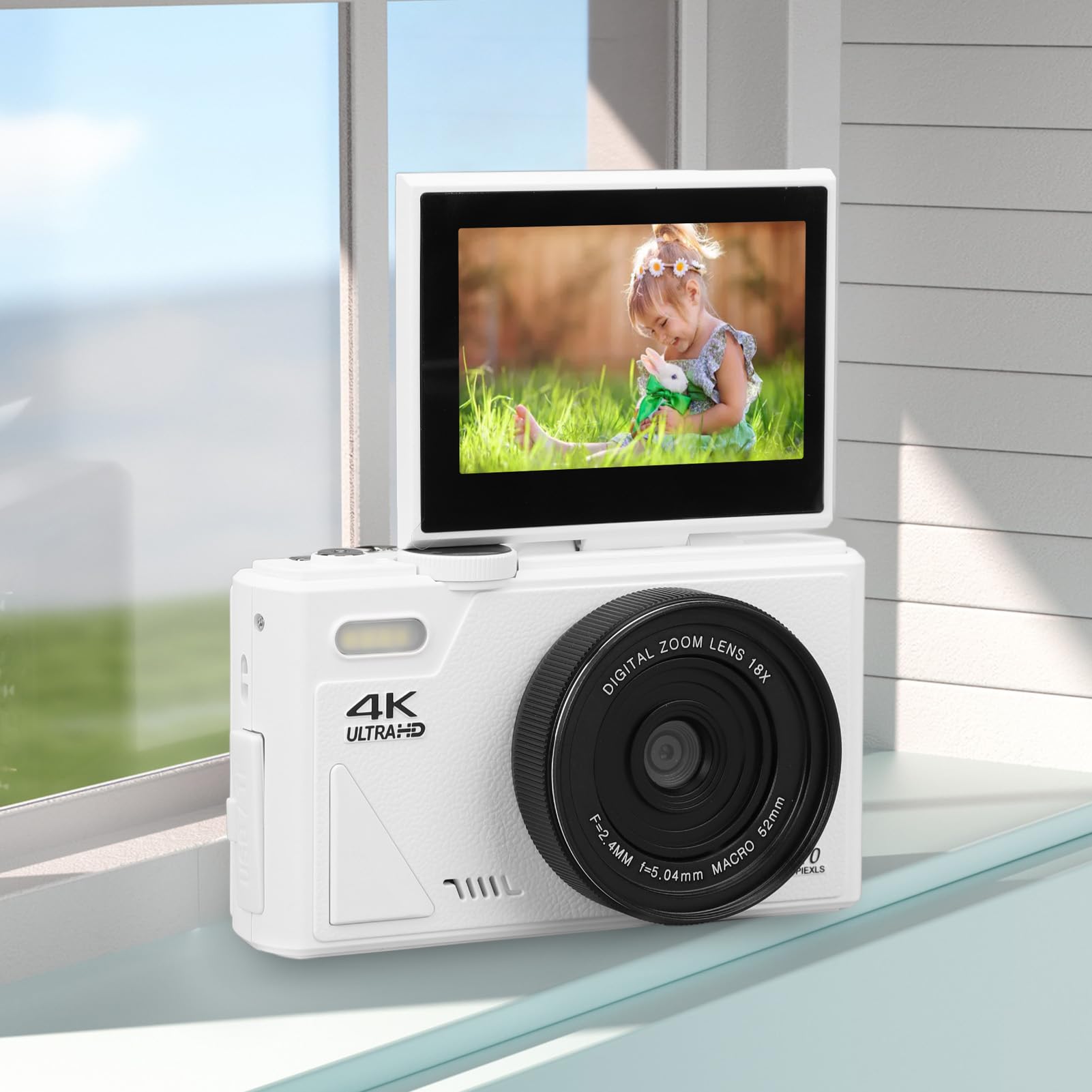 Cámara Digital 4K, UHD 64MP Cámara de Vlogging con Enfoque Automático con Zoom de 18X, Cámara Pequeña Compacta con Pantalla Abatible de 3 Pulgadas para Niños y Niñas, para (White)