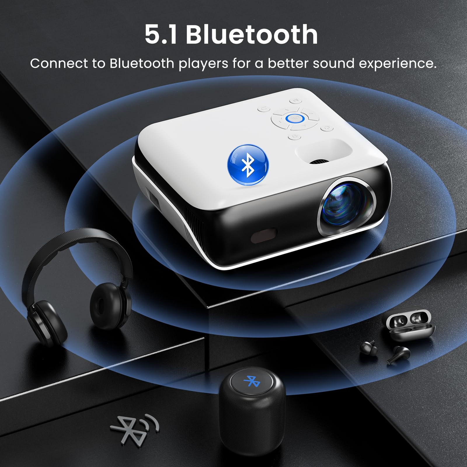 HAPPRUN Proyector, proyector Bluetooth Nativo 1080P, proyector de películas portátil para Exteriores de, Compatible con Smartphone, HDMI, USB, AV, Fire Stick, PS5