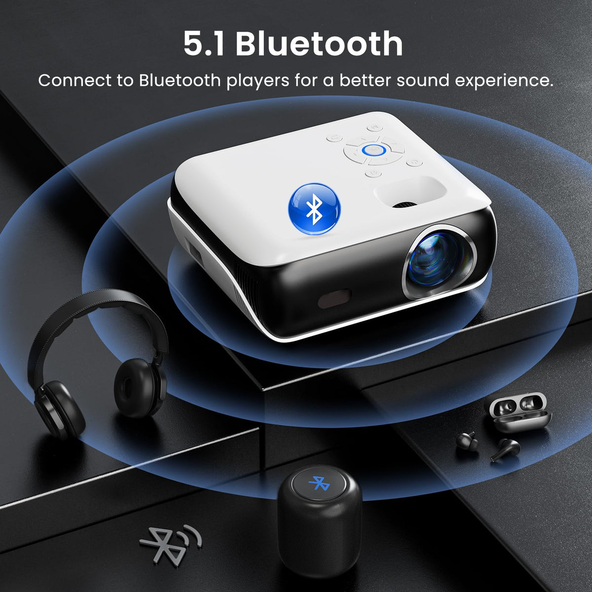 HAPPRUN Proyector, proyector Bluetooth Nativo 1080P, proyector de películas portátil para Exteriores de, Compatible con Smartphone, HDMI, USB, AV, Fire Stick, PS5