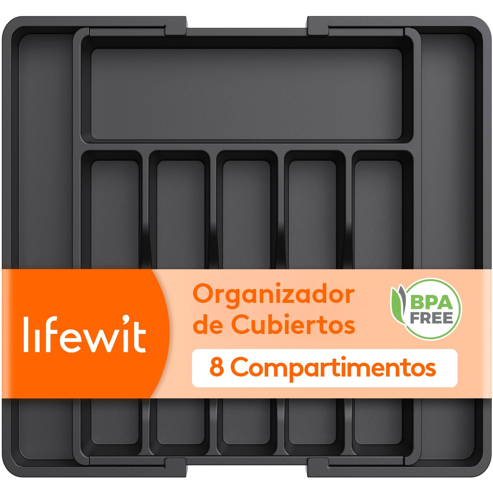 Lifewit Organizador de Cubiertos, Bandeja para Cubiertos Extensible, Cubertero para Cajón para Menaje, Organizador de Cubertería Ajustable y Compacto para Cucharas Tenedores Cuchillos, Grande, Negro