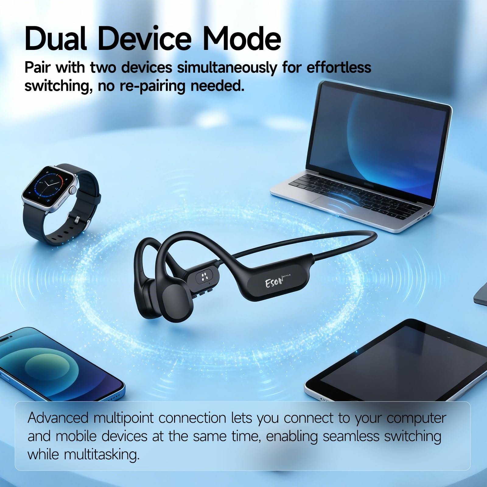 esonstyle Audífonos Conducción Ósea Natación - IP68 Agua Audífonos para Nadar Bluetooth 6.0,Oído Abierto con Reproductor MP3 de 8GB Auriculares para Natación Carreras y Ciclismo