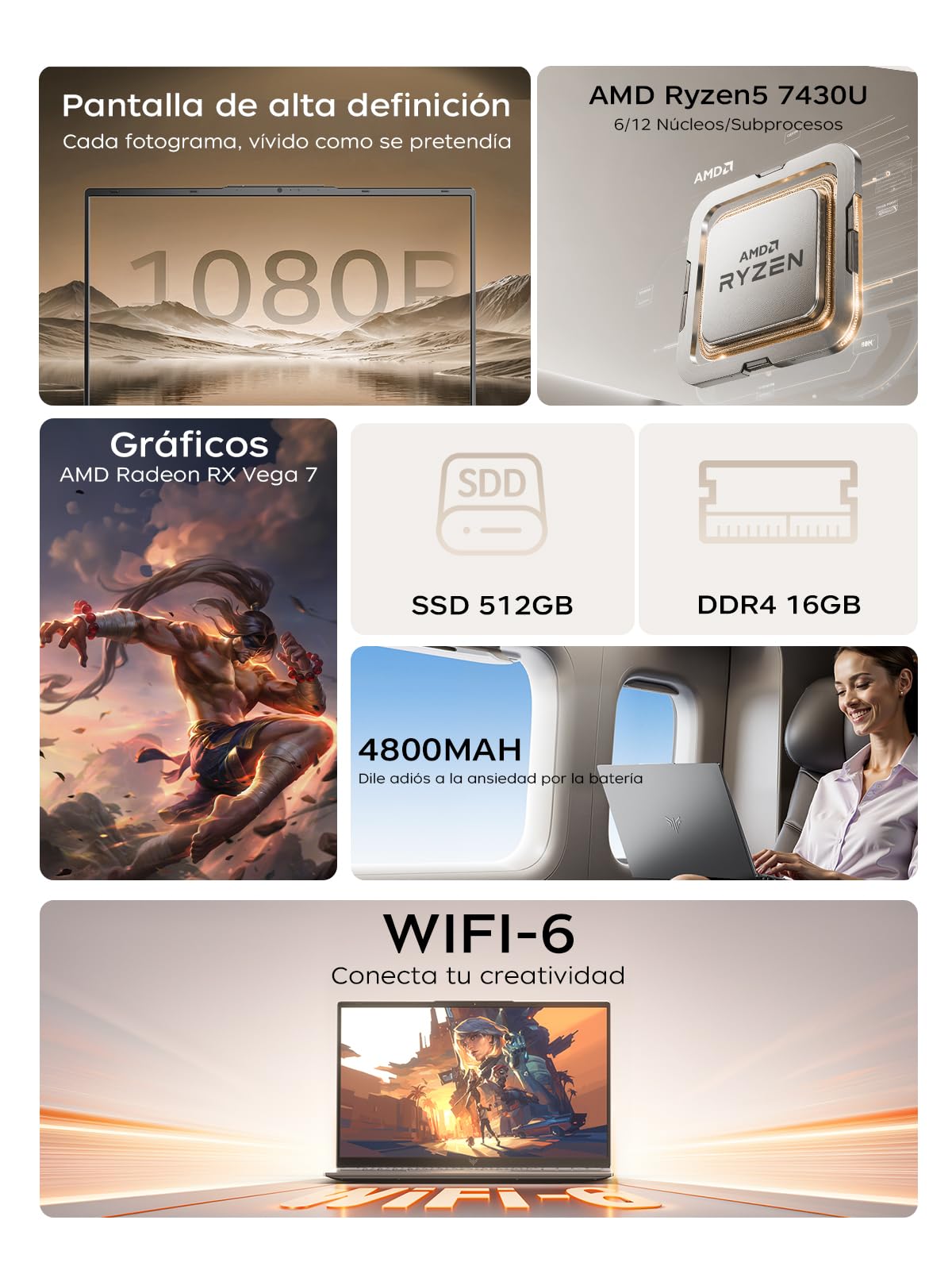 KAIGERR Laptop Ryzen 5 7430U (6C/12T, hasta 4.3GHz) 16GB RAM 512GB SSD Computadora Portátil Win 11 Pro, 15.6" FHD, WiFi 6 +BT5.2,Laptop Gamer Teclado Físico en Español,Casa, Negocio, Oficina
