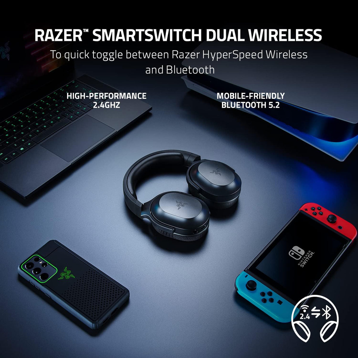 Razer Audifonos Inalambricos gamer Barracuda X -diadema Ligero 250g para Juegos y Móviles- PC, Playstation, Switch, Android, iOS - 2.4GHz Wireless + Bluetooth, 40mm Drivers Negro (Reacondicionado)