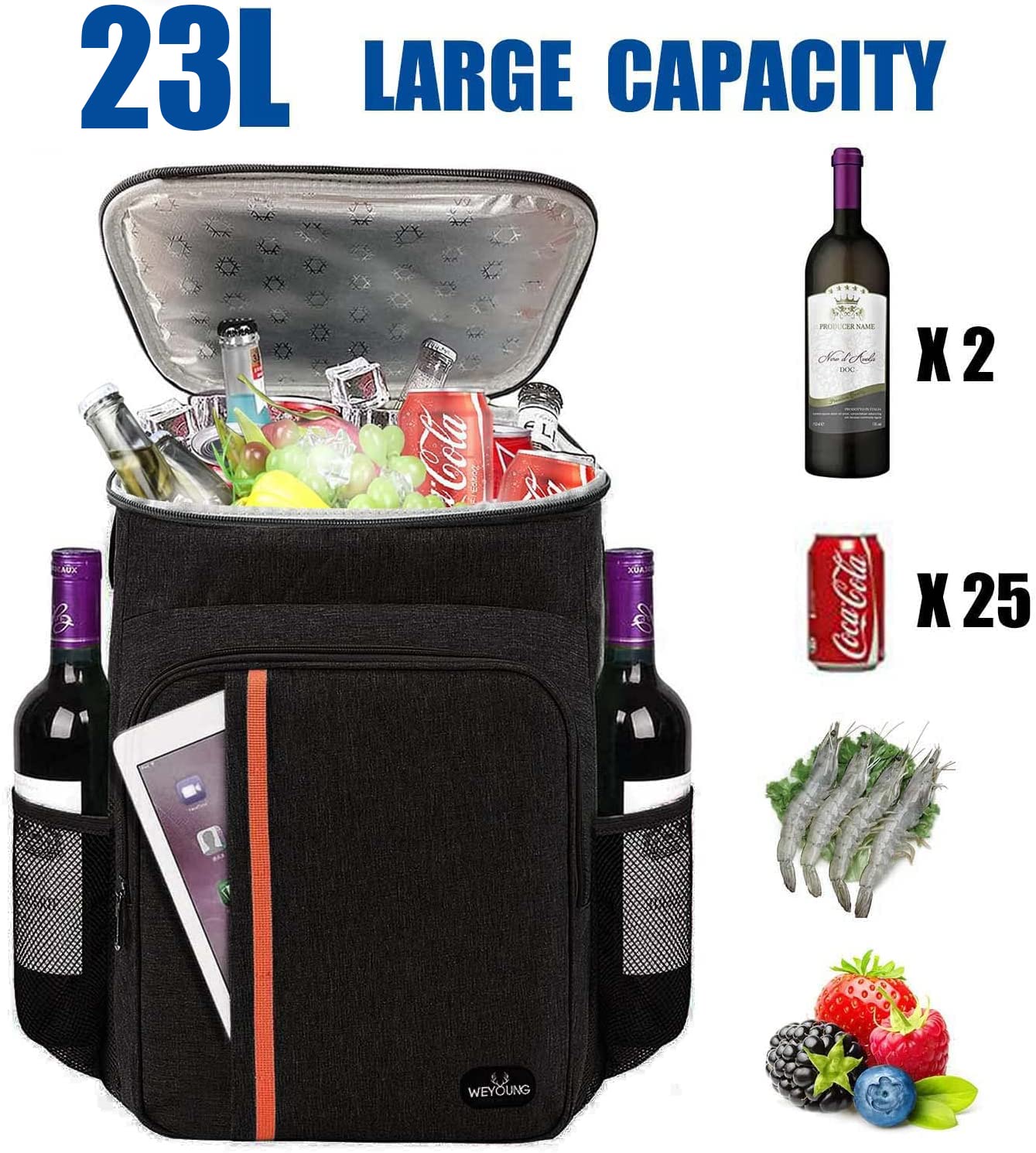 NEWKIBOU Hielera Portatil, Mochila térmica aislada,Hielera Portatil Impermeable y a Prueba de Fugas,Bolsa Térmica Porta Alimentos Mochila Genial para el Playa, Almuerzo, Picnics, Senderismo (Negro)