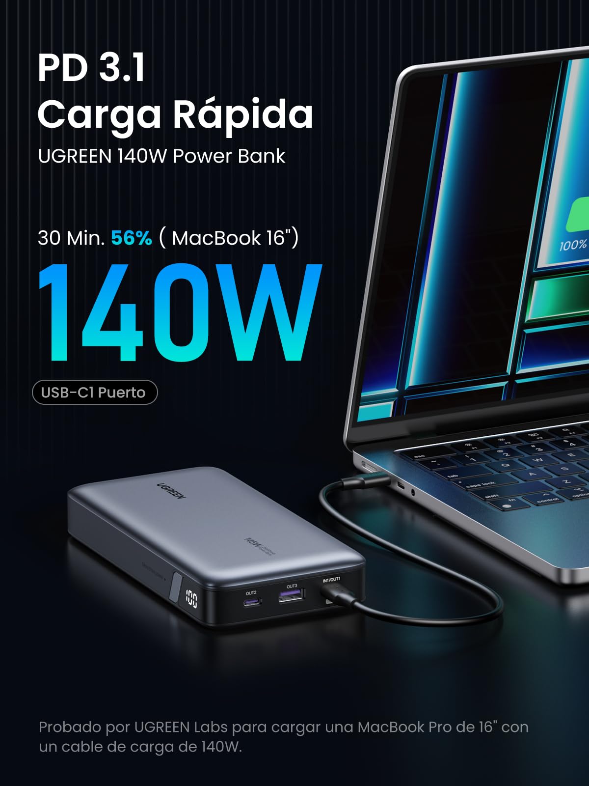 UGREEN 145W Power Bank 25000mAh Cargador Portátil Carga Rápida con Cable USB C y 3 Puertos PD3.0 Banco de Energía Batería con Pantalla Digital Compatible con MacBook iPad iPhone 16/15/14 Xiaomi Galaxy