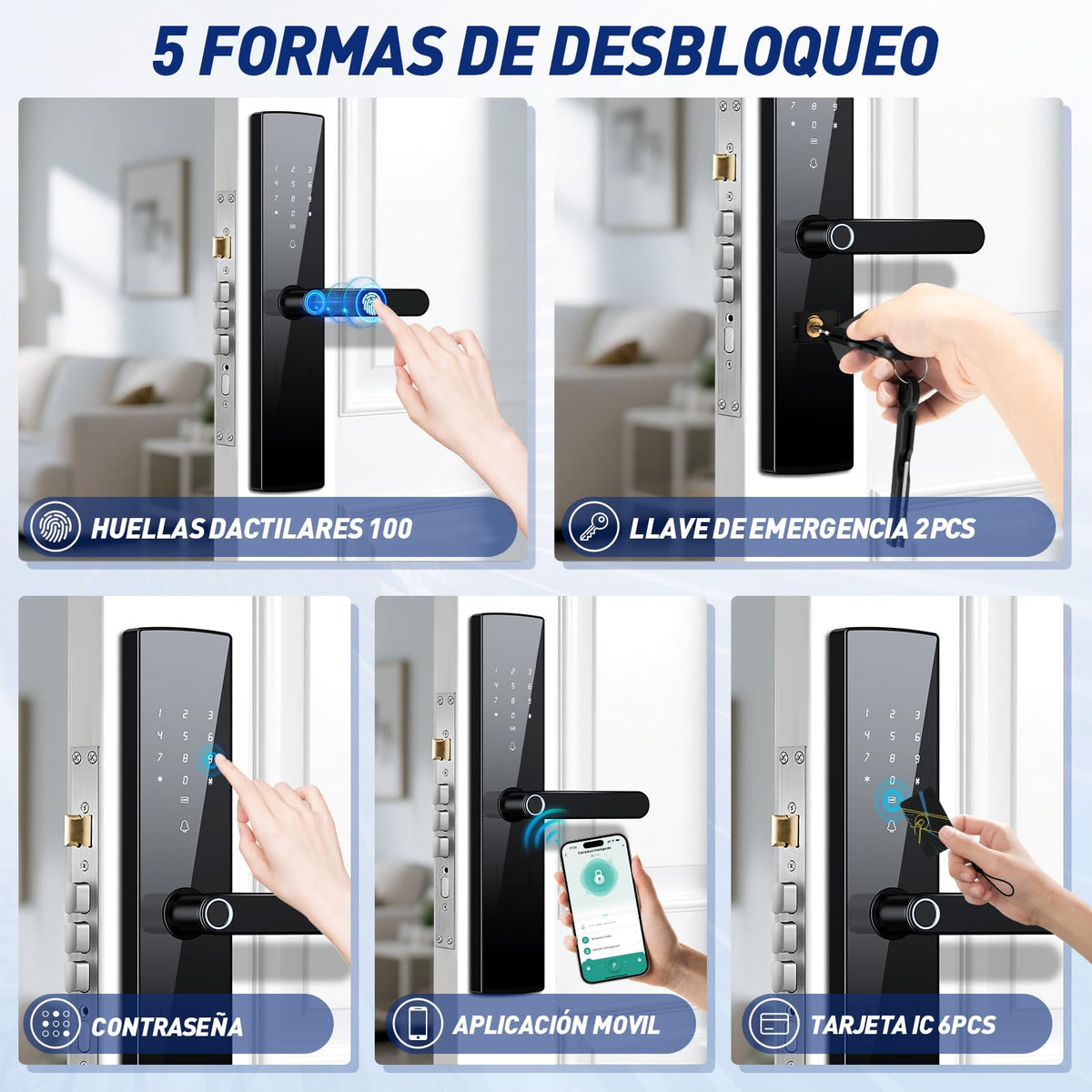 Cerradura Inteligente, Chapa Inteligente con Voz en Español, 5 Métodos de Apertura, Tuya APP, Huella Digital, Código, Llave Física, Tarjeta IC, Cerraduras Digital, para Hogar y Apartamento