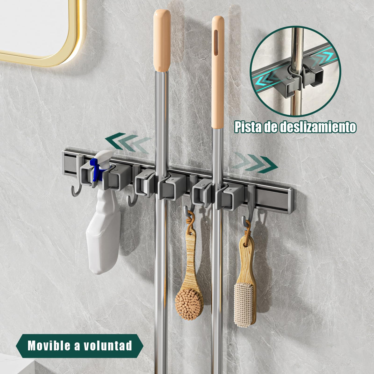Porta Escobas y Trapeadores Pared Puede Moverse Organizador Aluminio Soporte Para Escobas Tornillos y Pegamento Colgador de Escobas y Trapeadores 50cm 1 paquetes Tofaney