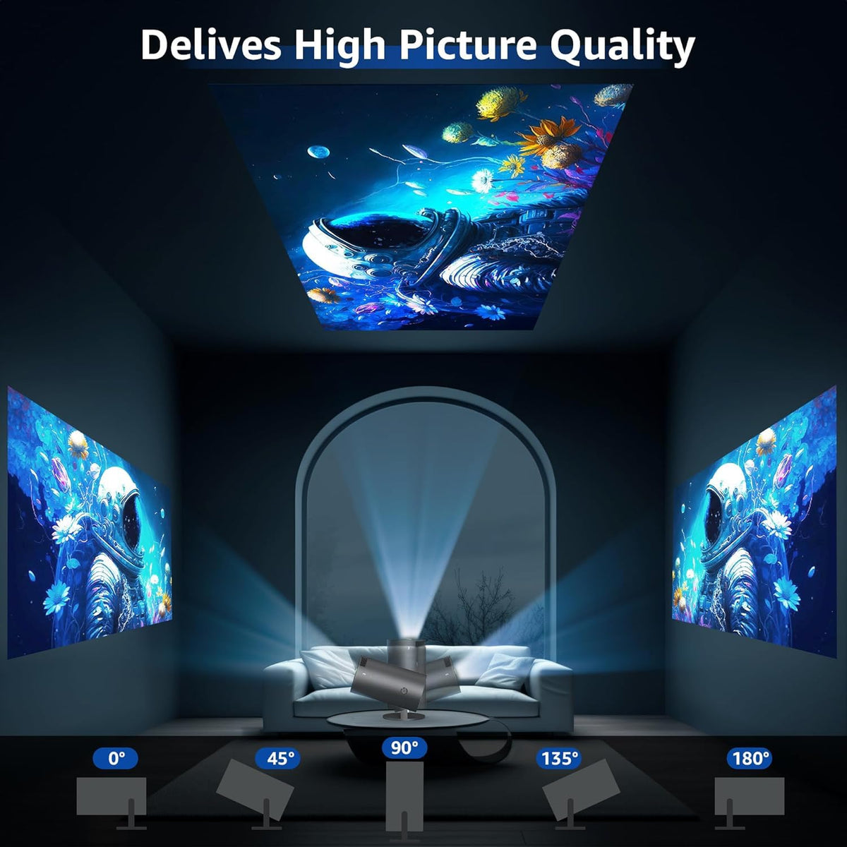 KUNEM Mini Proyector Portátil 4K, 250 ANSI/10000 Lúmenes, WiFi 6 y BT 5.2, Sistema Android 13 Integrado Corrección Trapezoidal Automática Rotación de Imagen 270°, Compatible con HDMI/iOS/Phone/PC/PS.