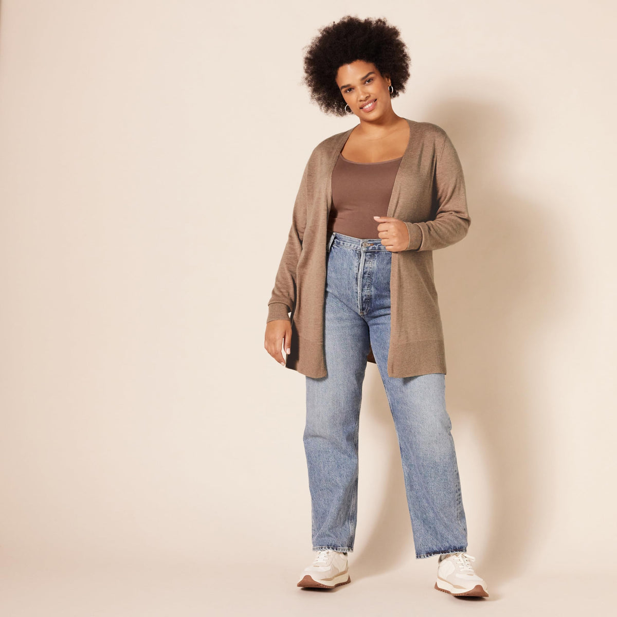 Amazon Essentials - Cárdigan ligero con frente abierto para mujer (disponible en tallas grandes), color camel jaspeado, talla M