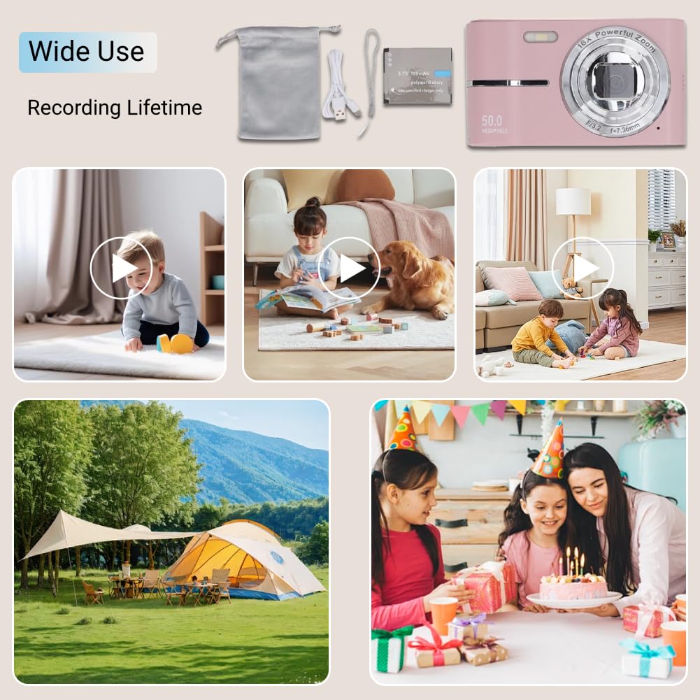 Cámara Digital, Cámara de Vlogging FHD 1080P con Enfoque Automático, Cámara Digital con Zoom Digital de 50MP 16X, Cámara Compacta Portátil AF Pantalla de 2,4 Pulgadas para (Rosado)
