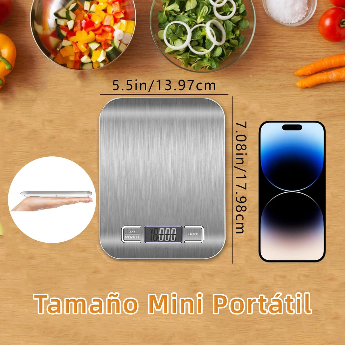 JUGLUTE Báscula Digital de Cocina USB Recargable, Báscula de Cocina de Acero Inoxidable de 10kg/22lb con Pantalla LCD, Función de Tara, Balanza de Alimentos Multifuncional para Cocina