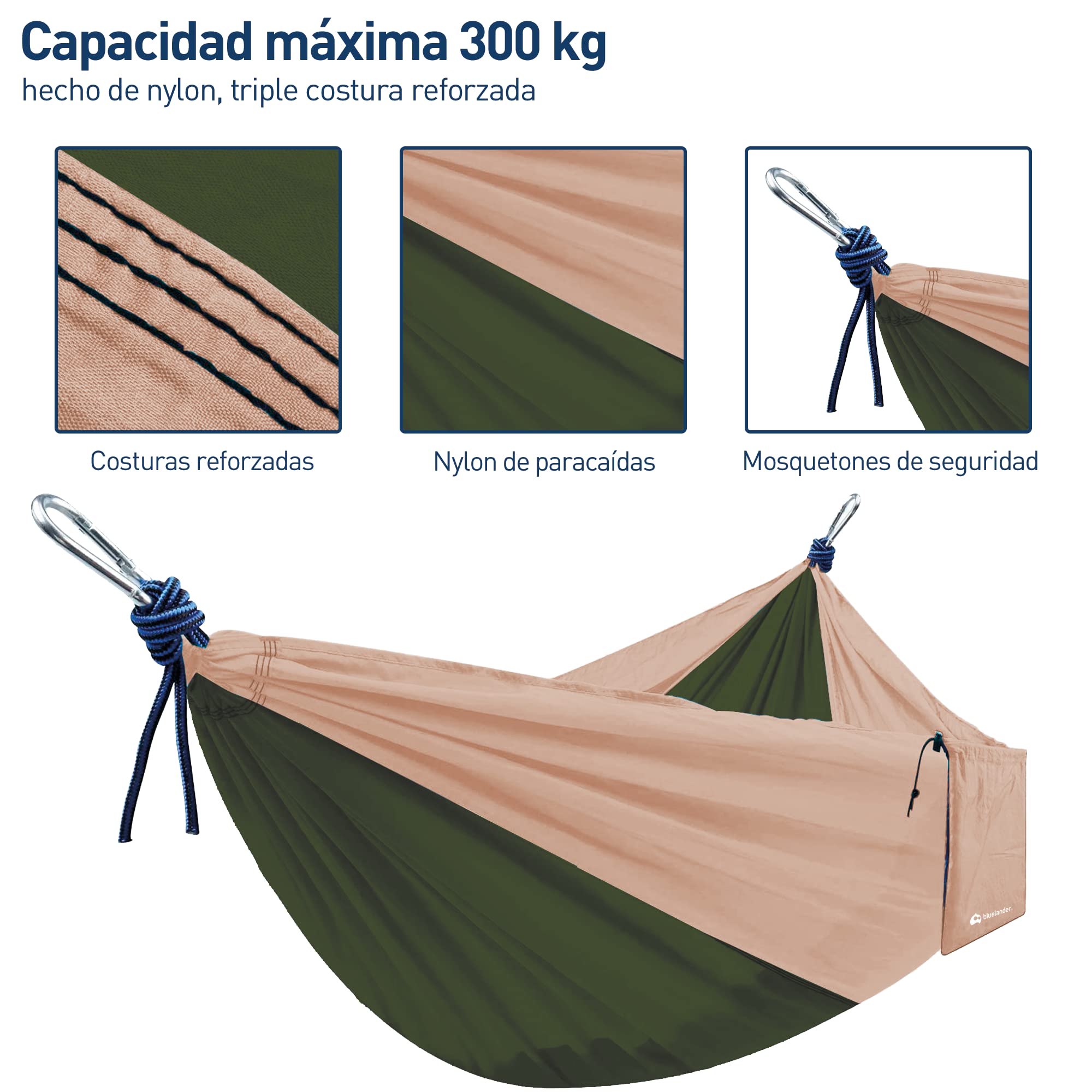 Bluelander Hamaca Portátil para Acampar de Adultos, Hamaca de Camping, Fabricada de Tela Nailon con Correas para Árboles, Excelente para Acampar al Aire Libre en Jardines y Viajes (Café/Verde)