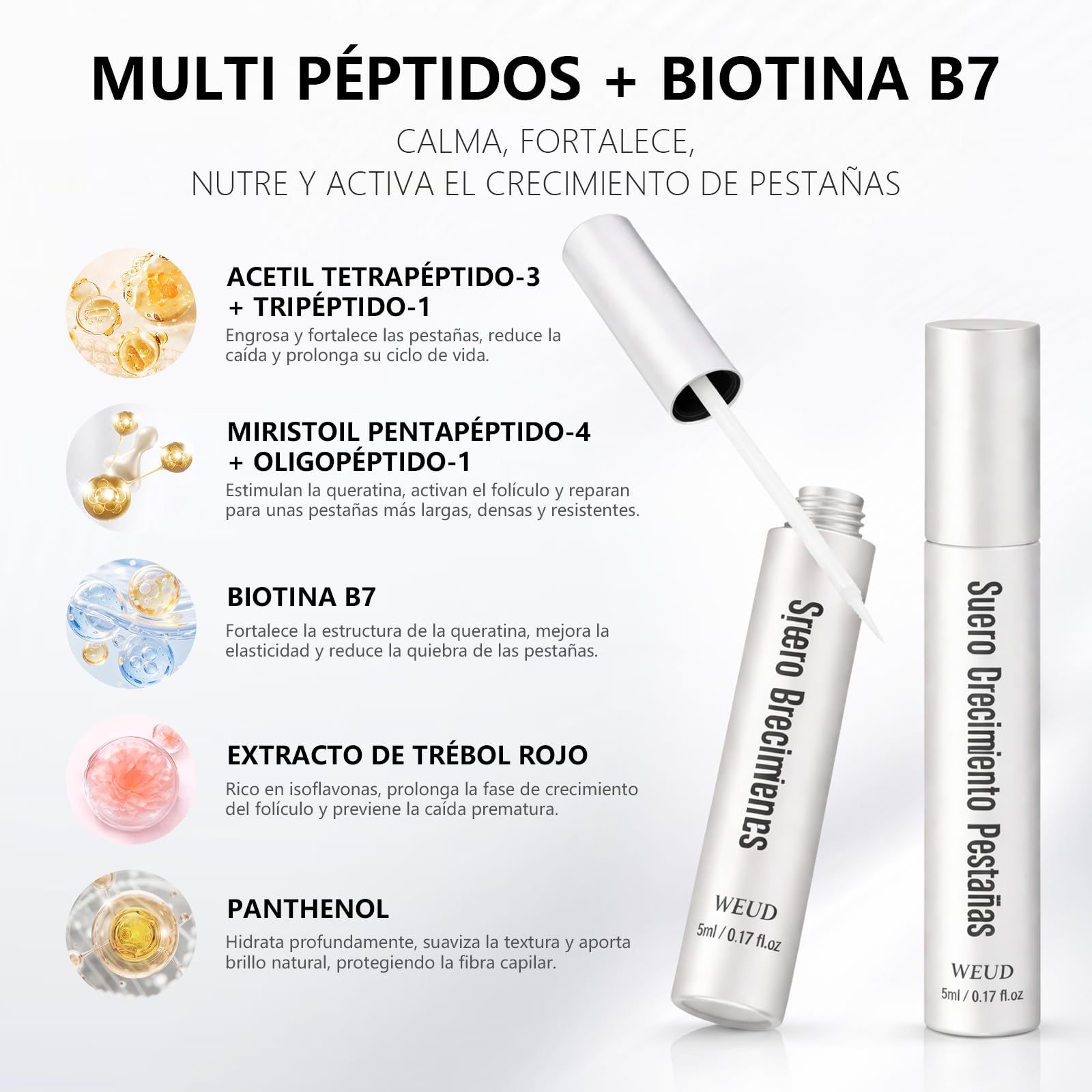 WEUD Serum Pestañas Coreano con Multi Péptido y Biotina B7, Suero Profesional para el Crecimiento de Pestañas, Fórmula de Péptidos Compuestos para Mejora el Crecimiento de Pestañas, Funciona Rápido