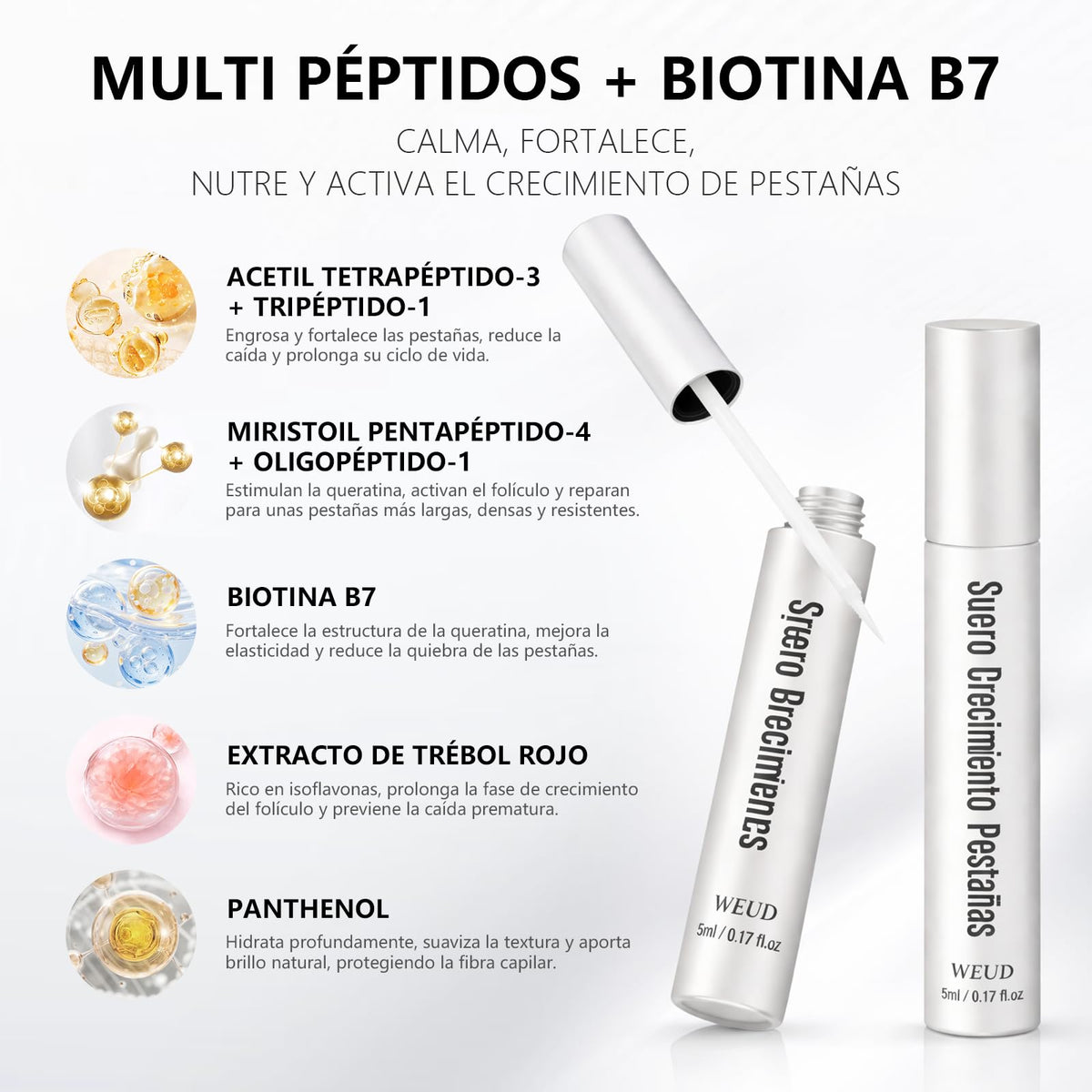 WEUD Serum Pestañas Coreano con Multi Péptido y Biotina B7, Suero Profesional para el Crecimiento de Pestañas, Fórmula de Péptidos Compuestos para Mejora el Crecimiento de Pestañas, Funciona Rápido