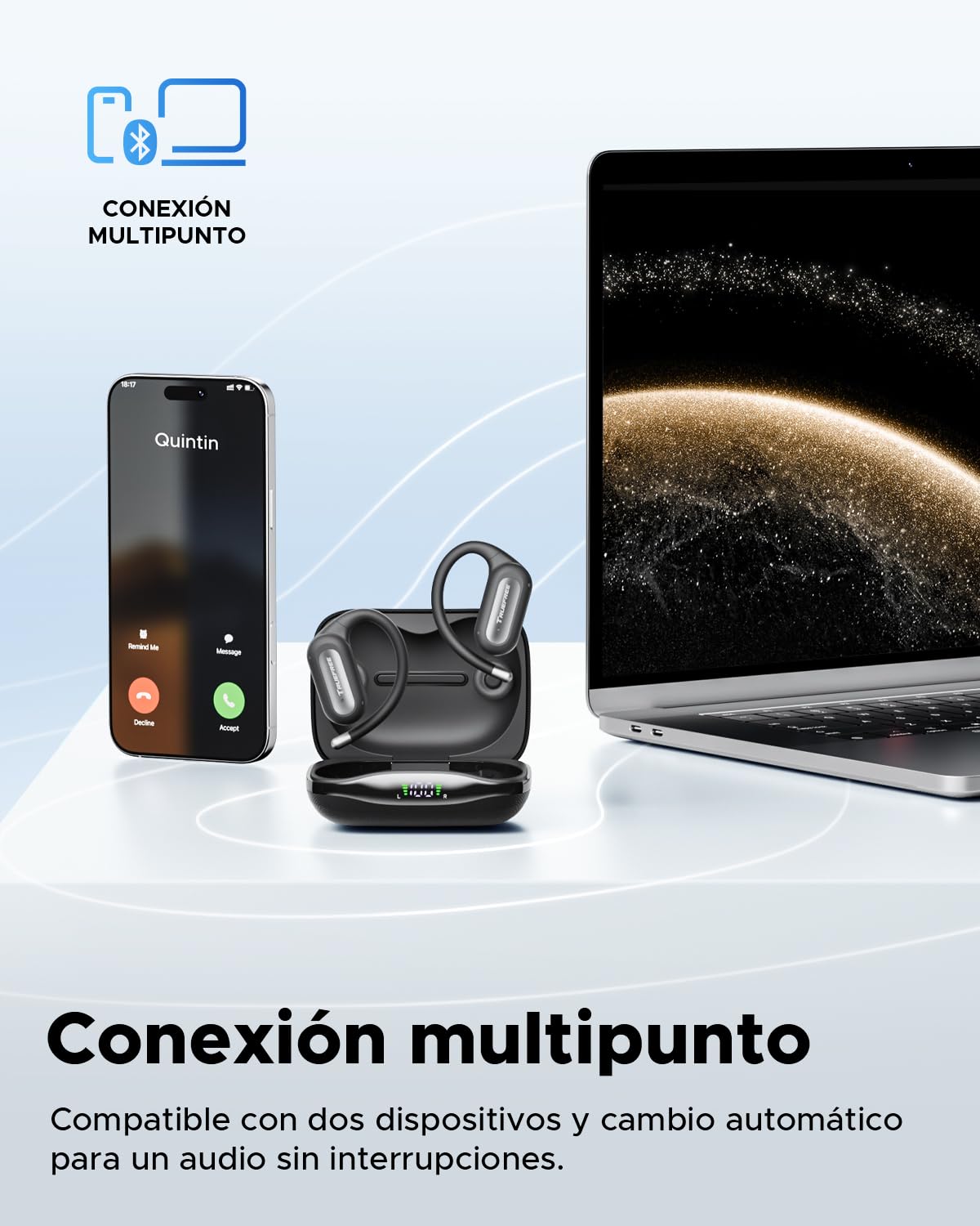 truefree Audífonos Inalámbricos Bluetooth 6.0 Open-Ear, Audífonos Oído Abierto 17mm Diafragmas con ENC, Carga Rápida para 40 Horas de Reproducción, IPX5 Modo Gaming de Baja Latencia y Conexión Multip