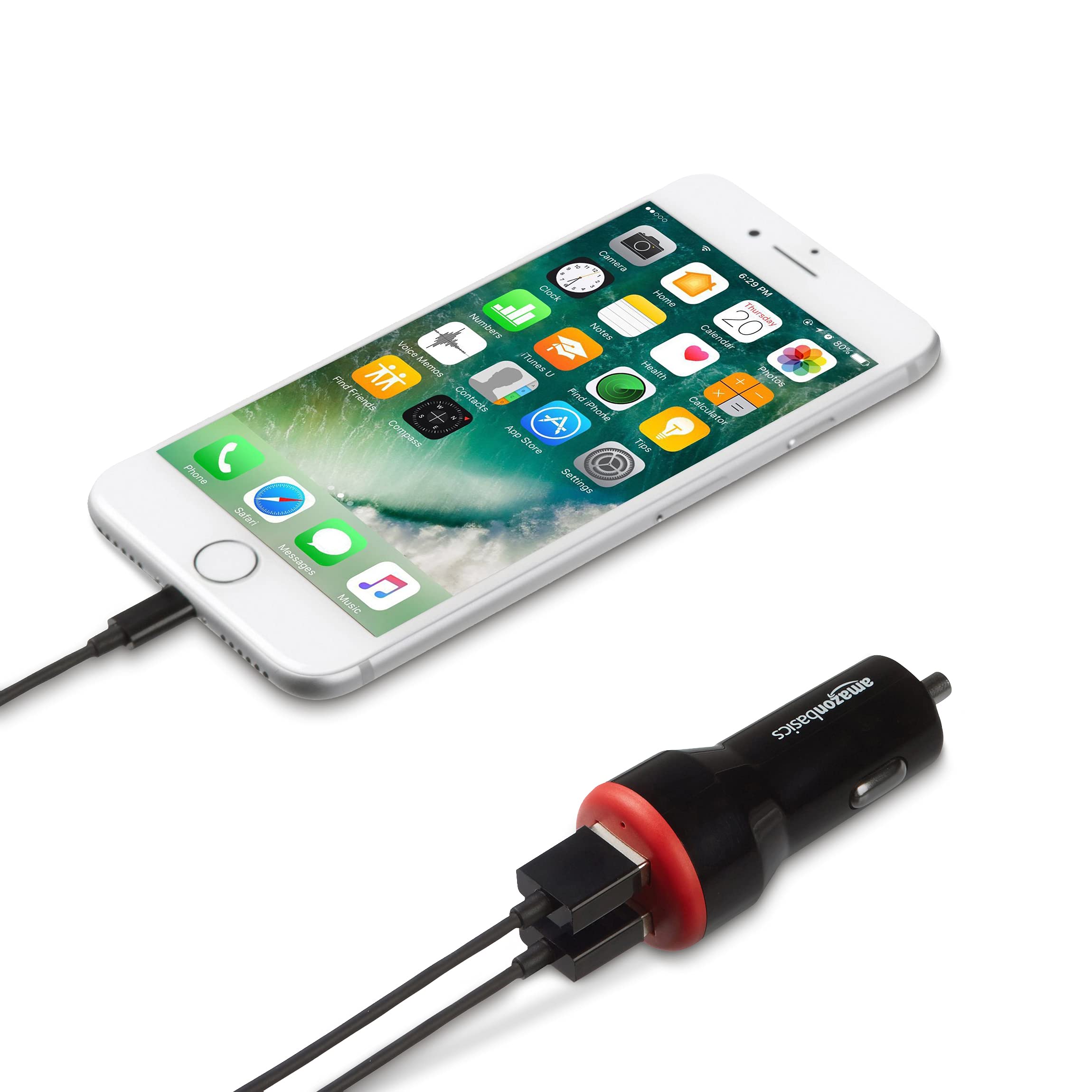 Amazon Basics - Adaptador de cargador de coche USB de doble puerto para dispositivos Apple y Android, 4.8 amperios, 24 W, negro y rojo
