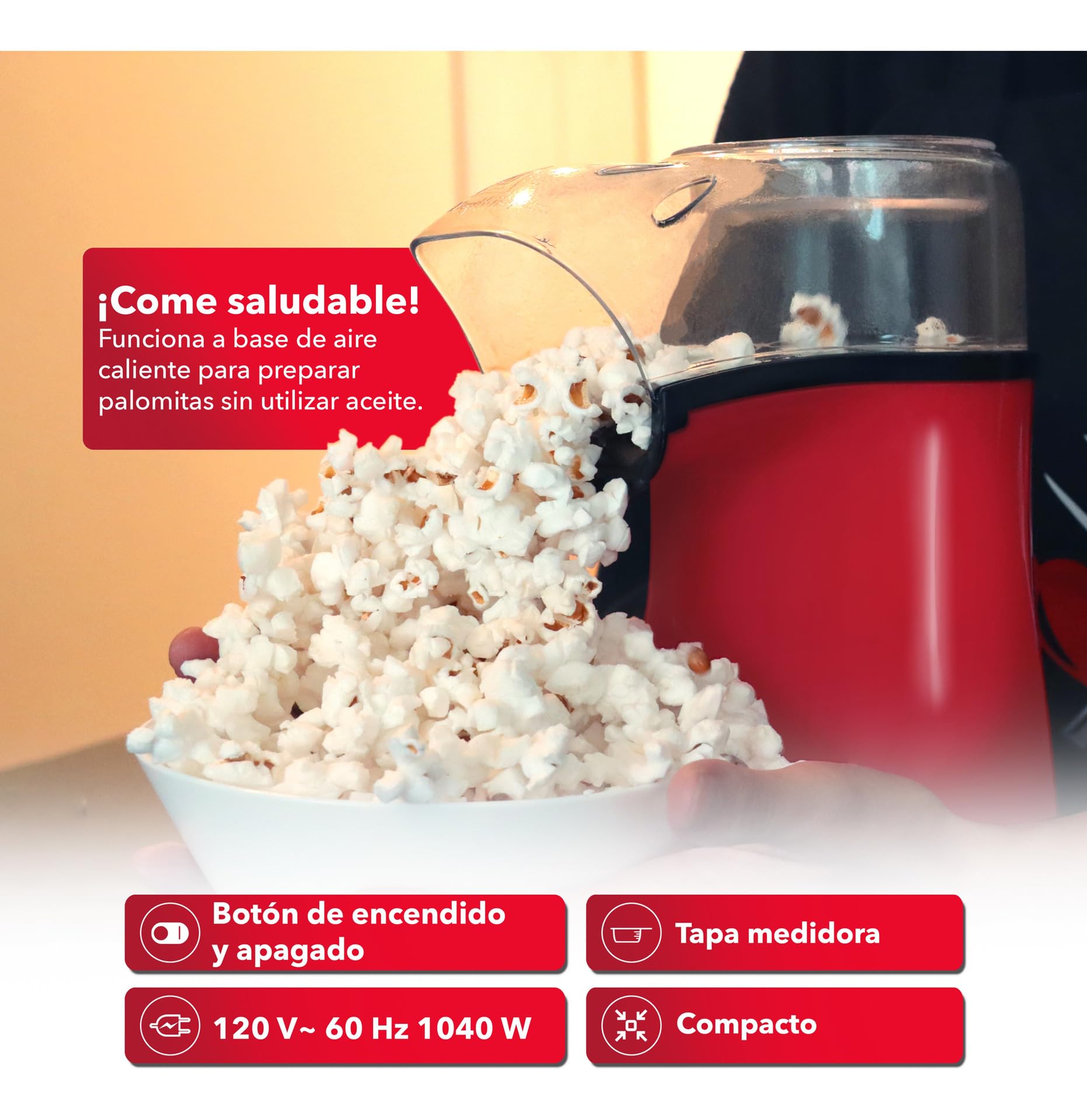 RCA Palomitero RC-1025, Tapa Medidora Incluida Estilo Compacto y Eléctrico, Funciona con Aire Caliente, Capacidad de 70 gr, Luz Indicadora, Ideal para Fiestas y Cine en Casa, Color Rojo y Negro
